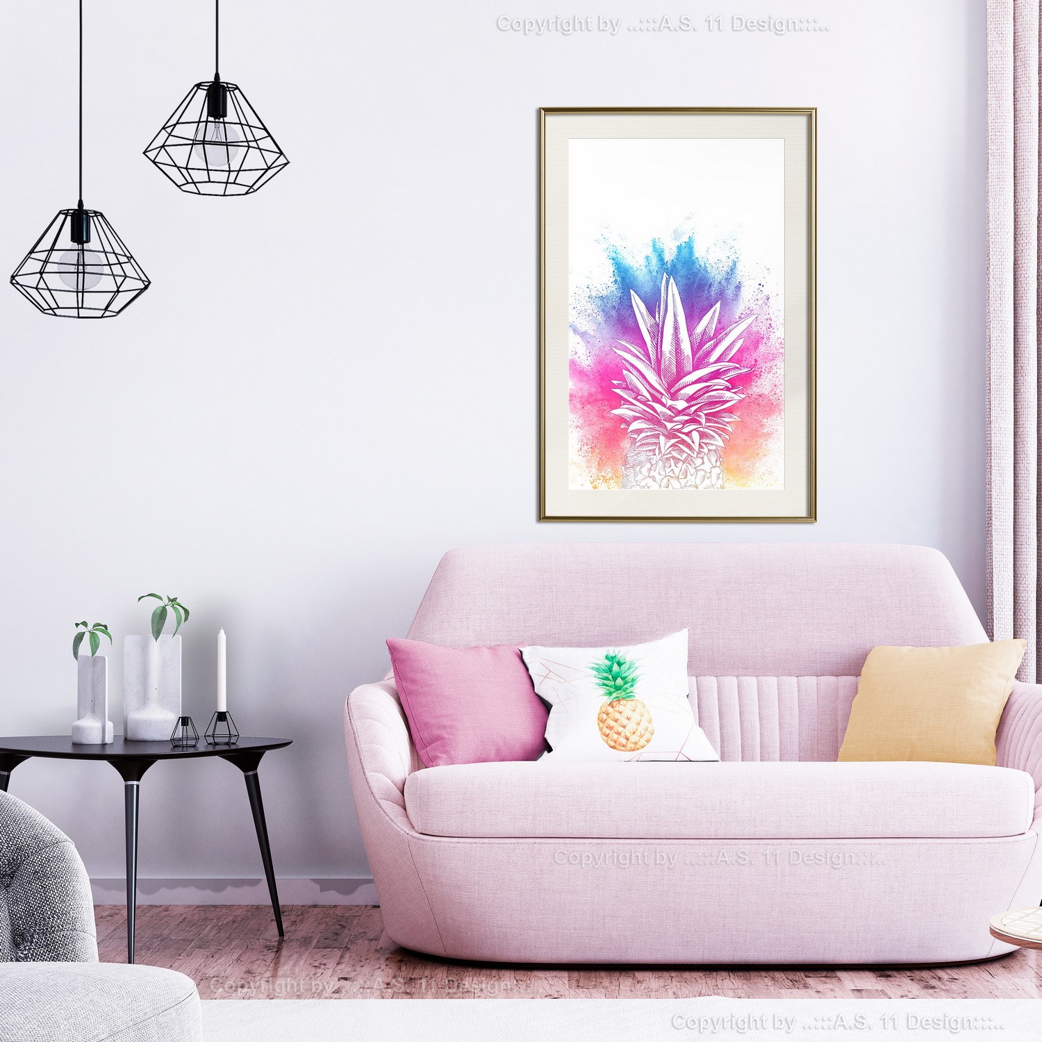 Affisch - Colourful Pineapple [Poster] 30x45 Guld ram med passepartout, 30x45 cm