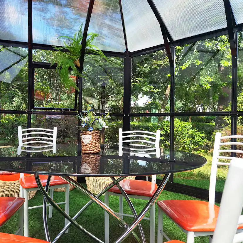 Växthus/Orangeri Metalcraft Hexagon Svart Aluminiumstomme med UV-Skyddat & Härdat Säkerhetsglas, 12,6 m²