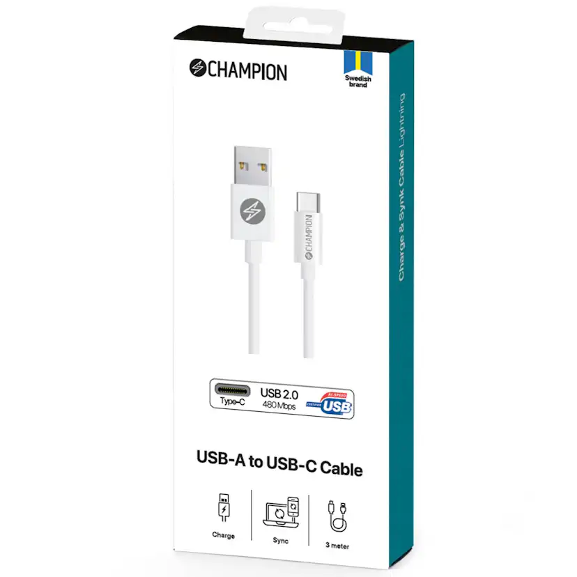 USB-A Champion till USB-C Kabel 3m Vit