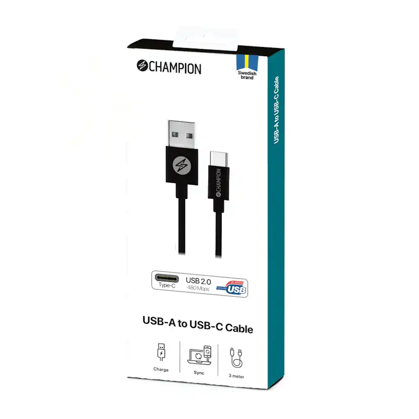 USB-A Champion till USB-C Kabel 3m Svart