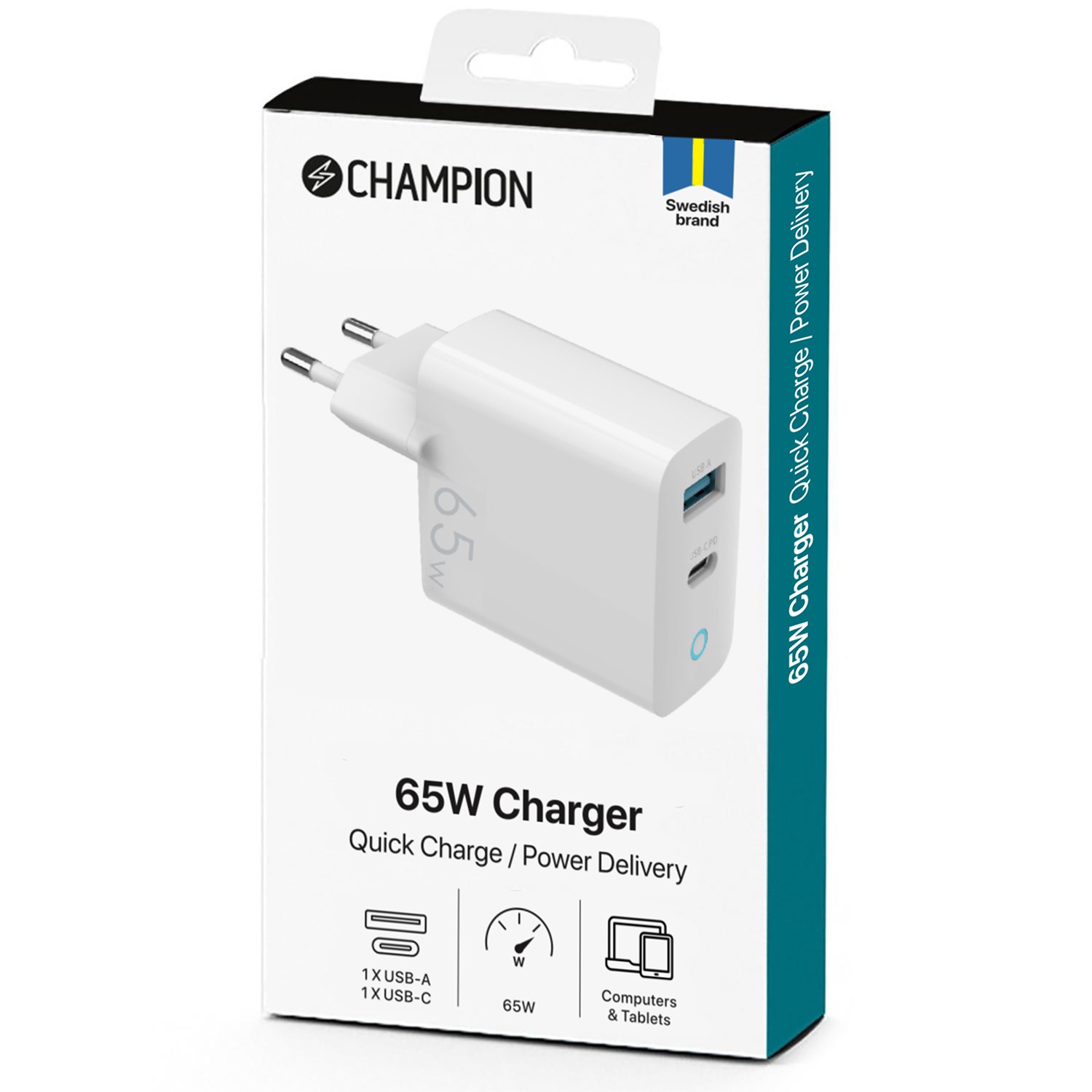 Laddare Champion 65W GaN QC/PD Vit