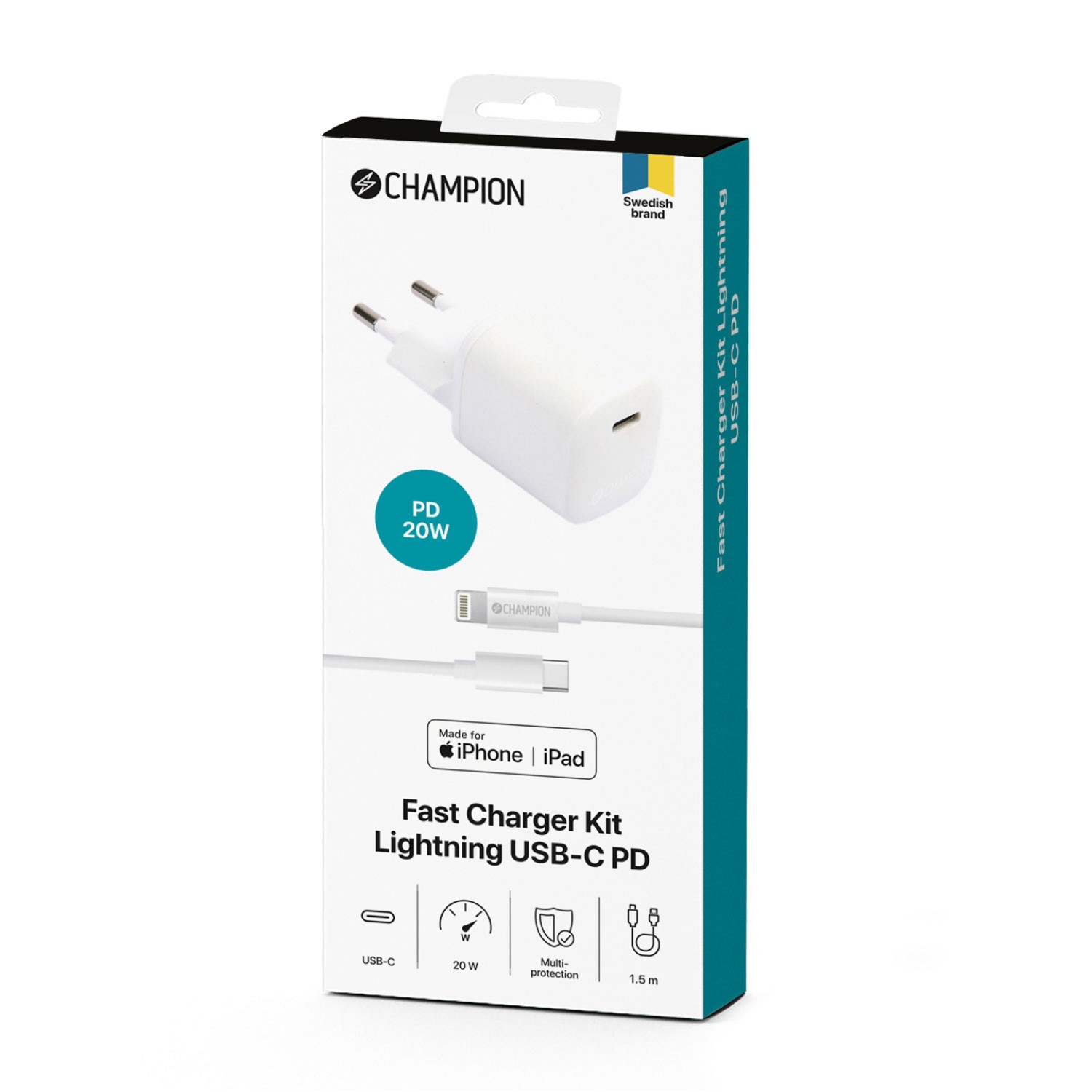 Laddare Champion 20W + USB-C till Lightning Kabel Vit
