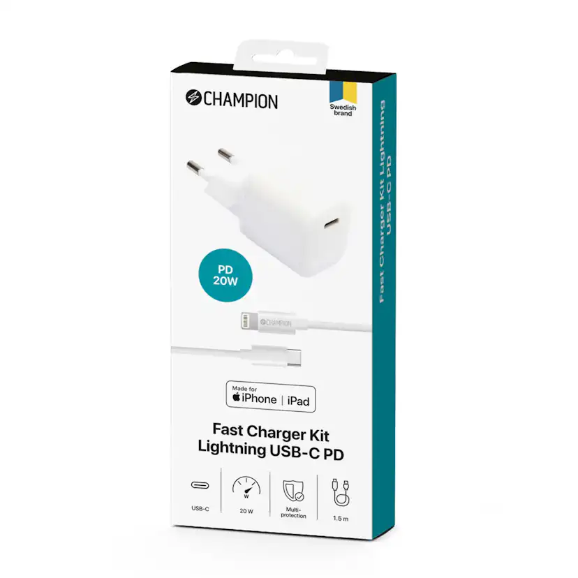 Laddare Champion 20W + USB-C till Lightning Kabel Vit