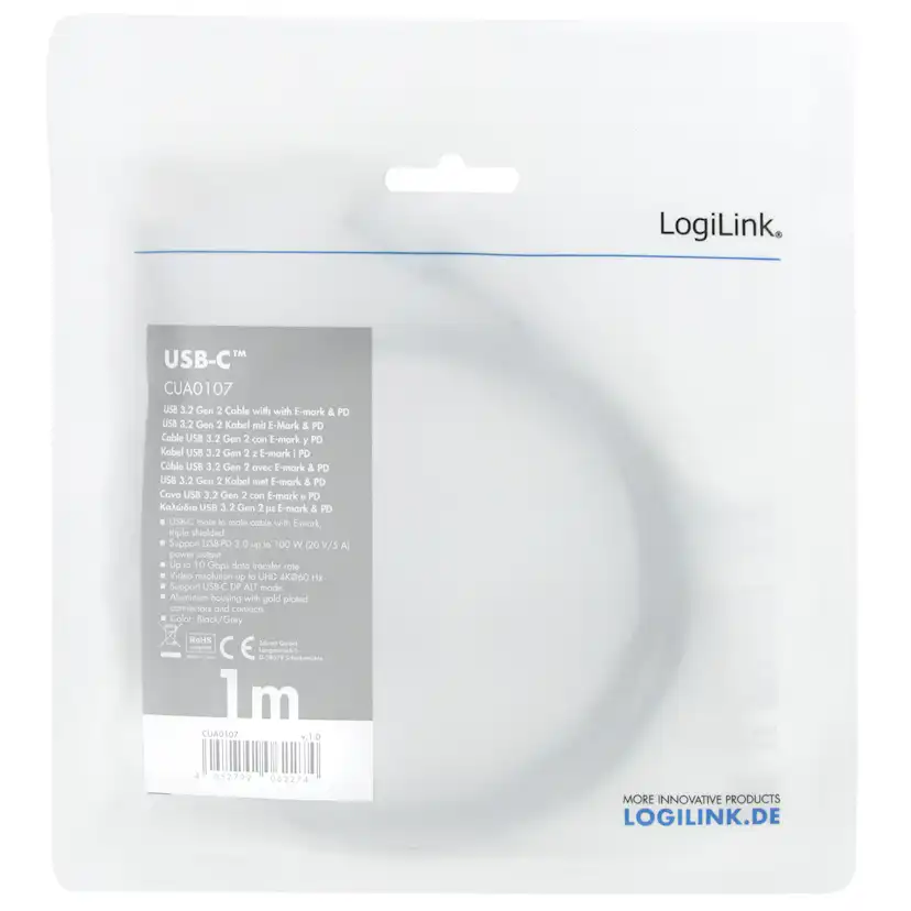 USB-C-kabel LogiLink USB 3.2 Gen2 PD 3.0 100W 10Gbps 4K/60Hz Alu 1 m