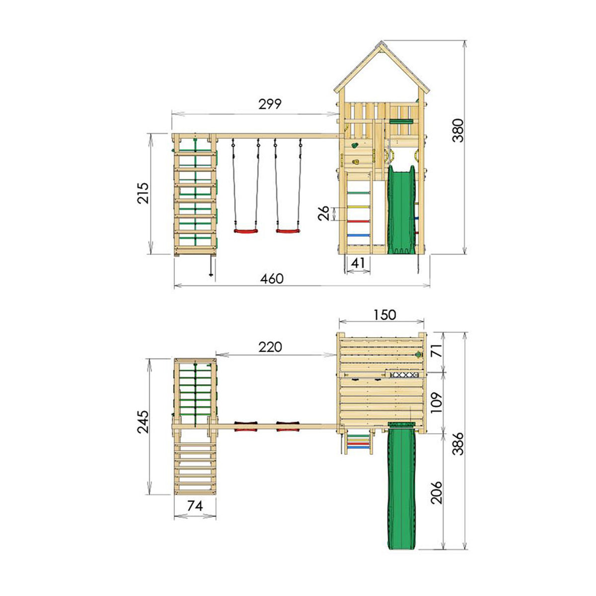 Lektorn Jungle Gym Palace Komplett Inkl Climb Modul X'tra, 120 kg Sand, Rutschkana och Klättervägg