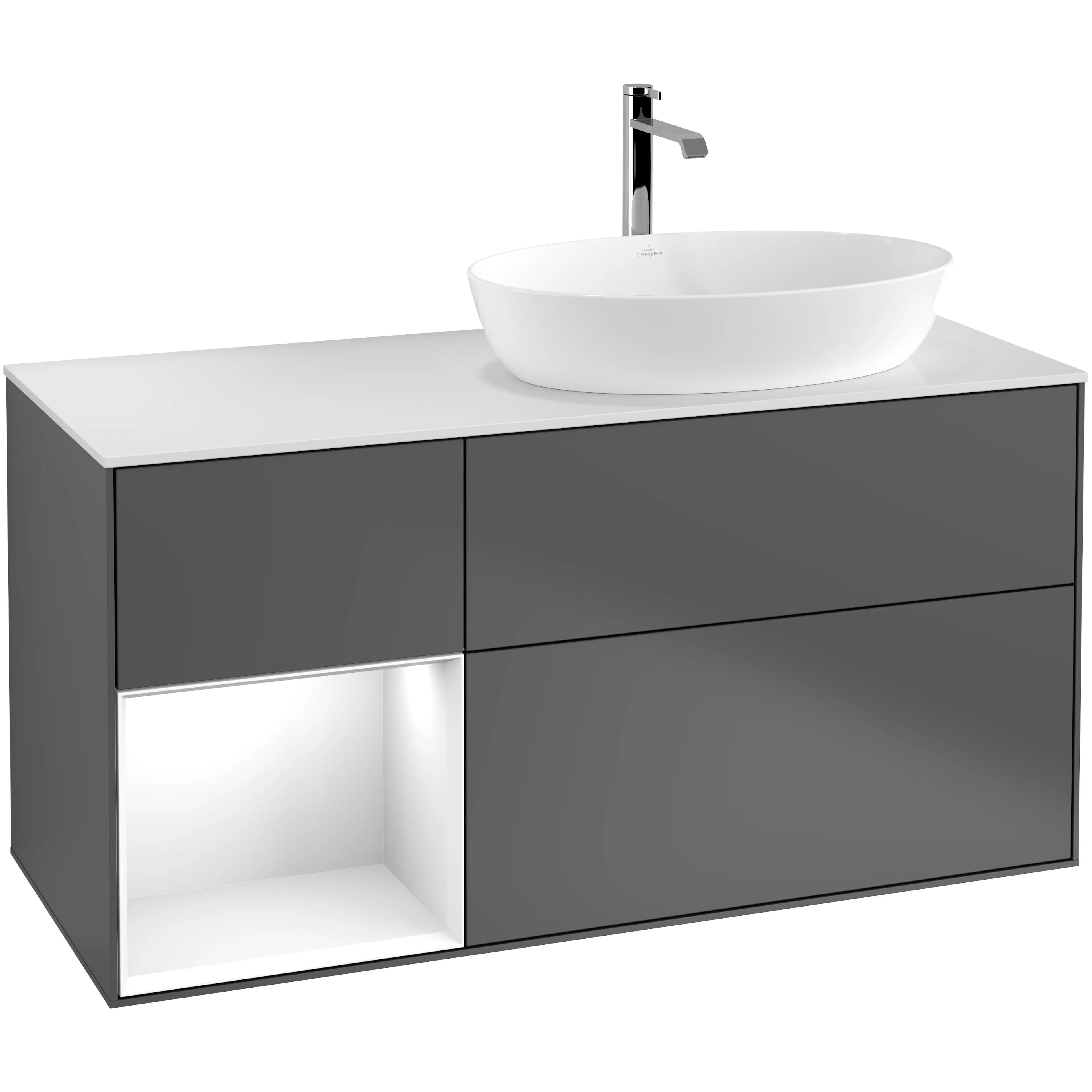Tvättställsskåp Villeroy & Boch Finion G801GFGK Antracitgrå Mattlack/Vit Högblank med bänkskiva i Mattvitt glas med Väggbelysning, Lucka Vänster Med Blandarhål