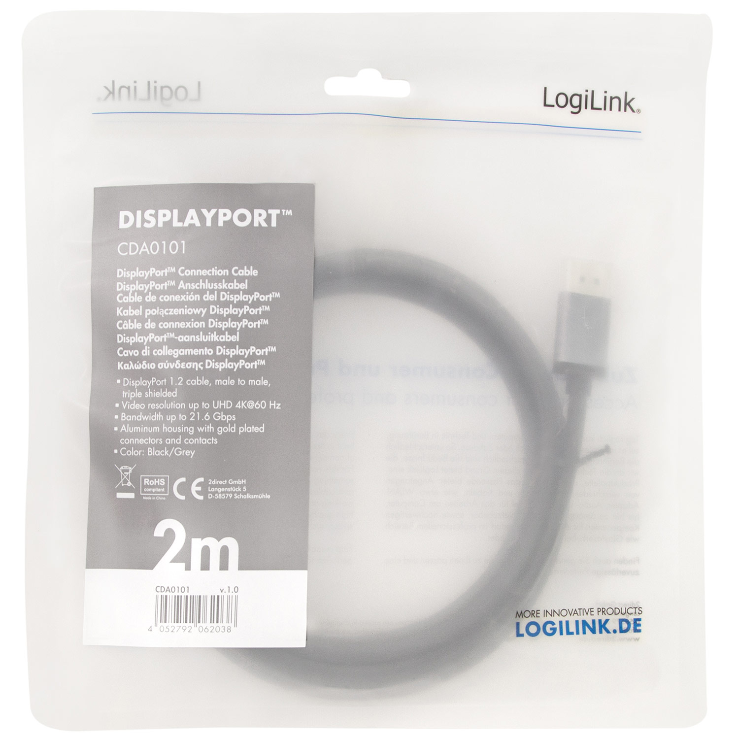 DisplayPort-kabel LogiLink 4K/60Hz Aluminium