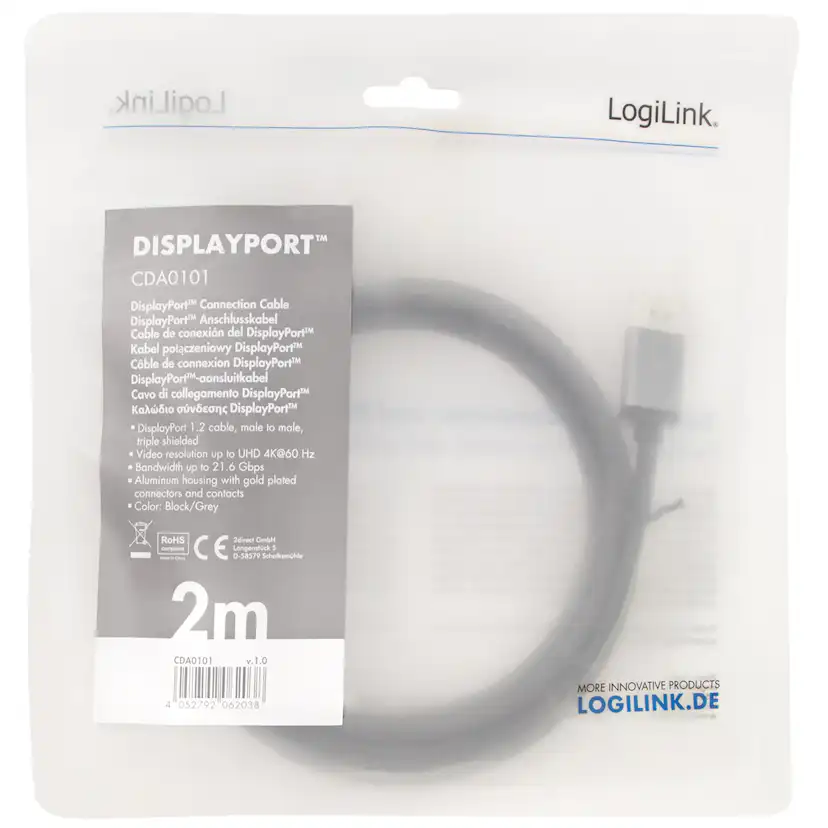 DisplayPort-kabel LogiLink 4K/60Hz Aluminium