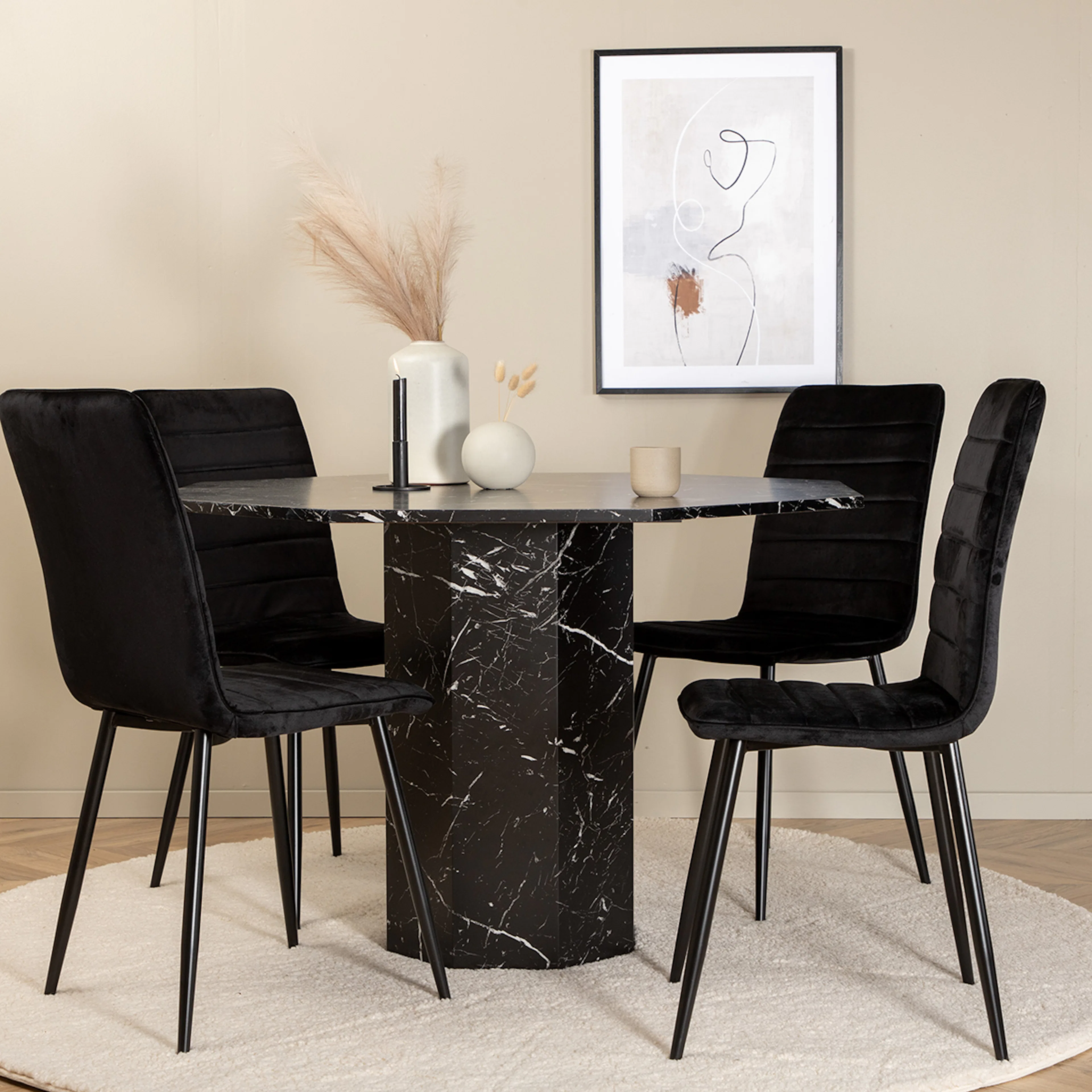 Marbs Round Dining Table  - Black / Black Glass Marble+Windu Material Sammet
