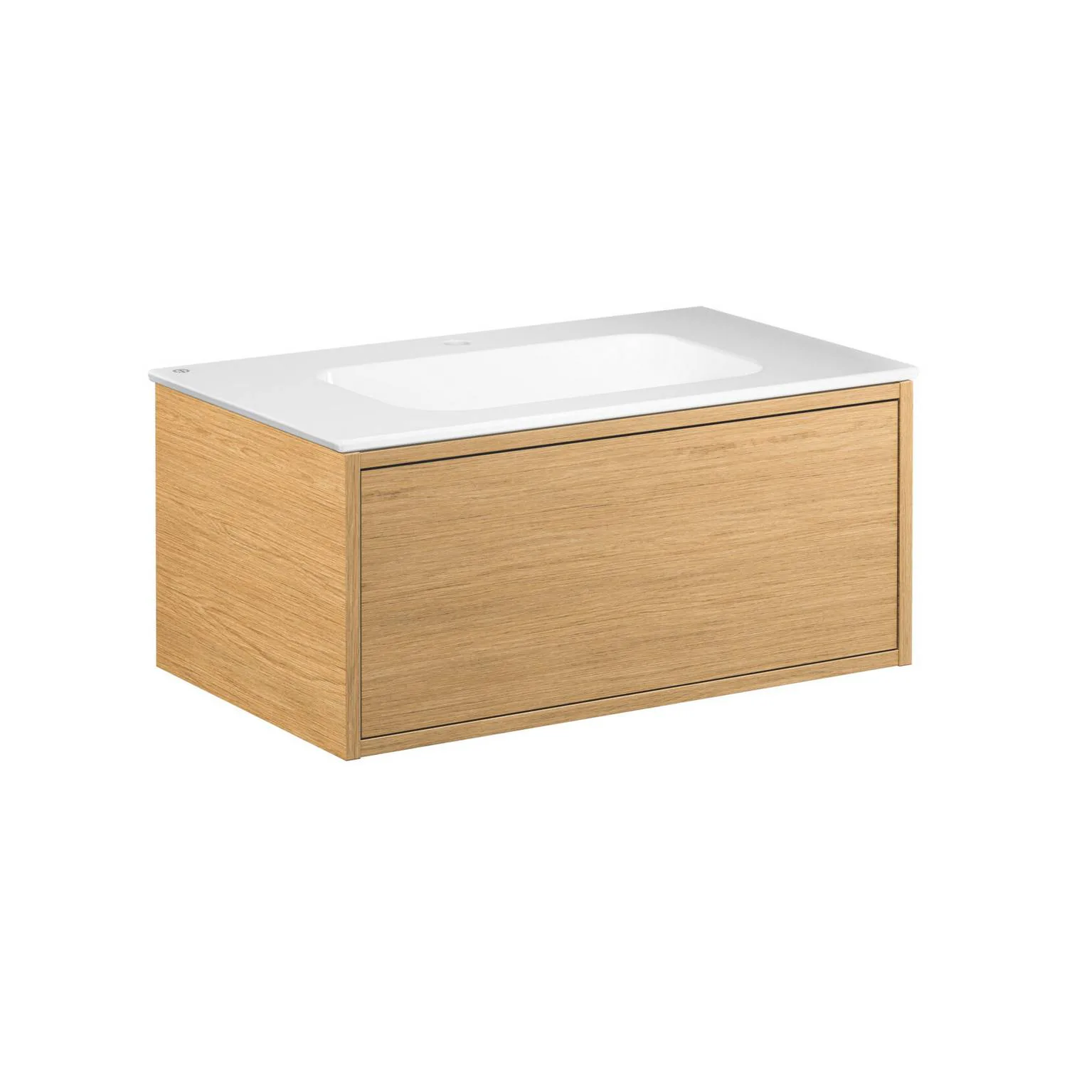 Kommod Ducentic Ljus ek - 80 cm. Porslinstvättställ, Vit, fö Ljus Ek, Hål för 1 st Singelhålsblandare