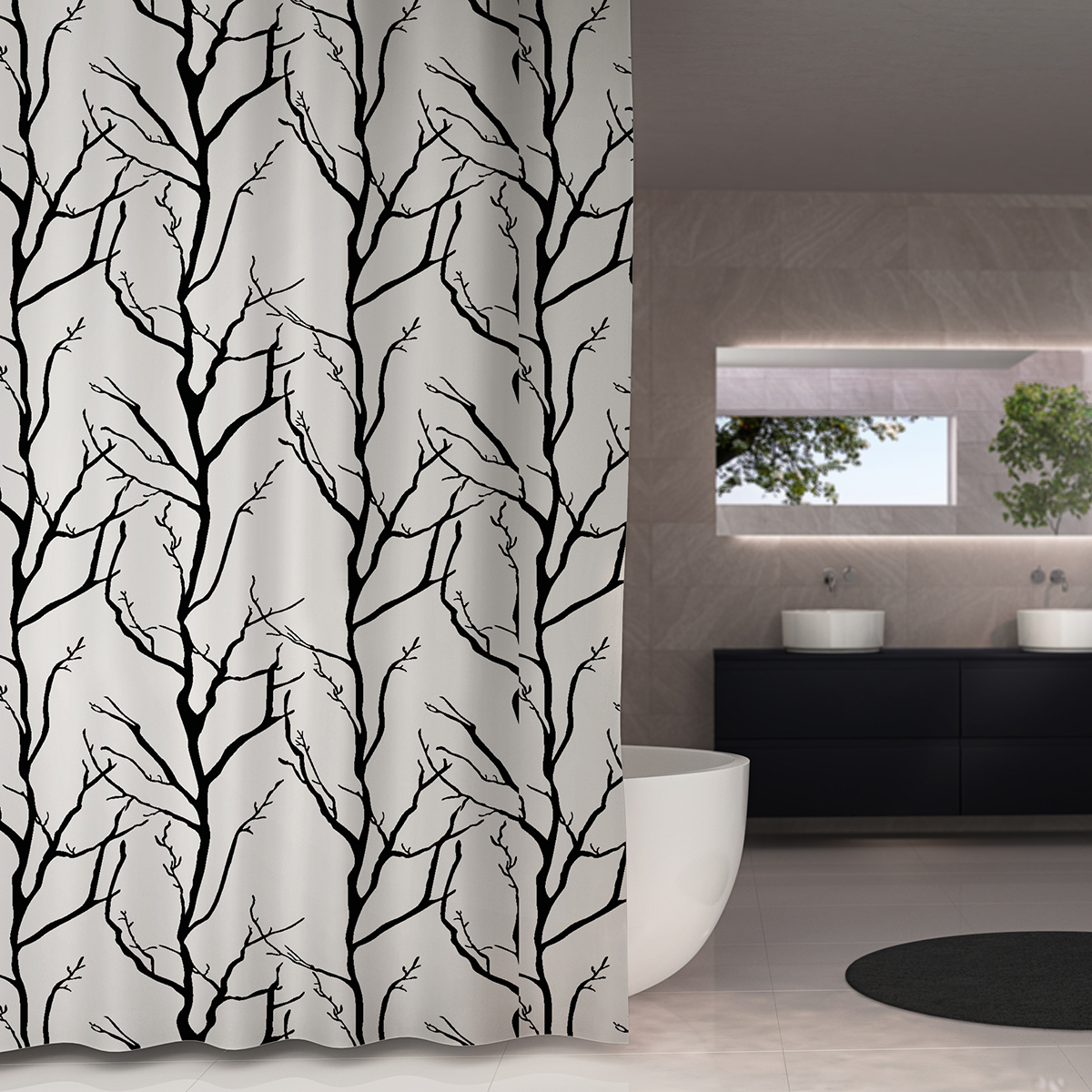 Duschdraperi Tree vit/svart 180x230 Vit/Svart, Storlek: 180x230 cm