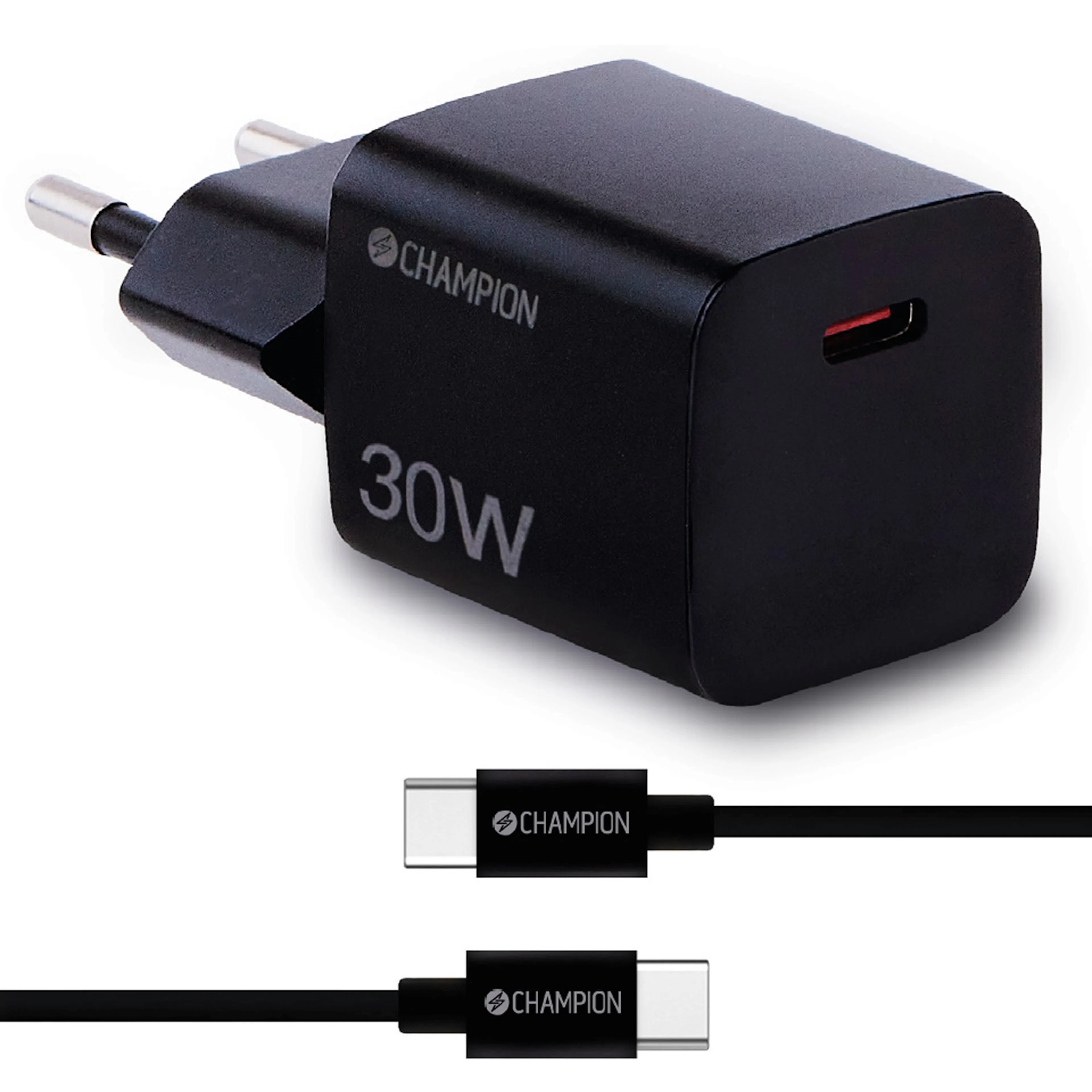 Laddare Champion 30W + USB-C Kabel Svart