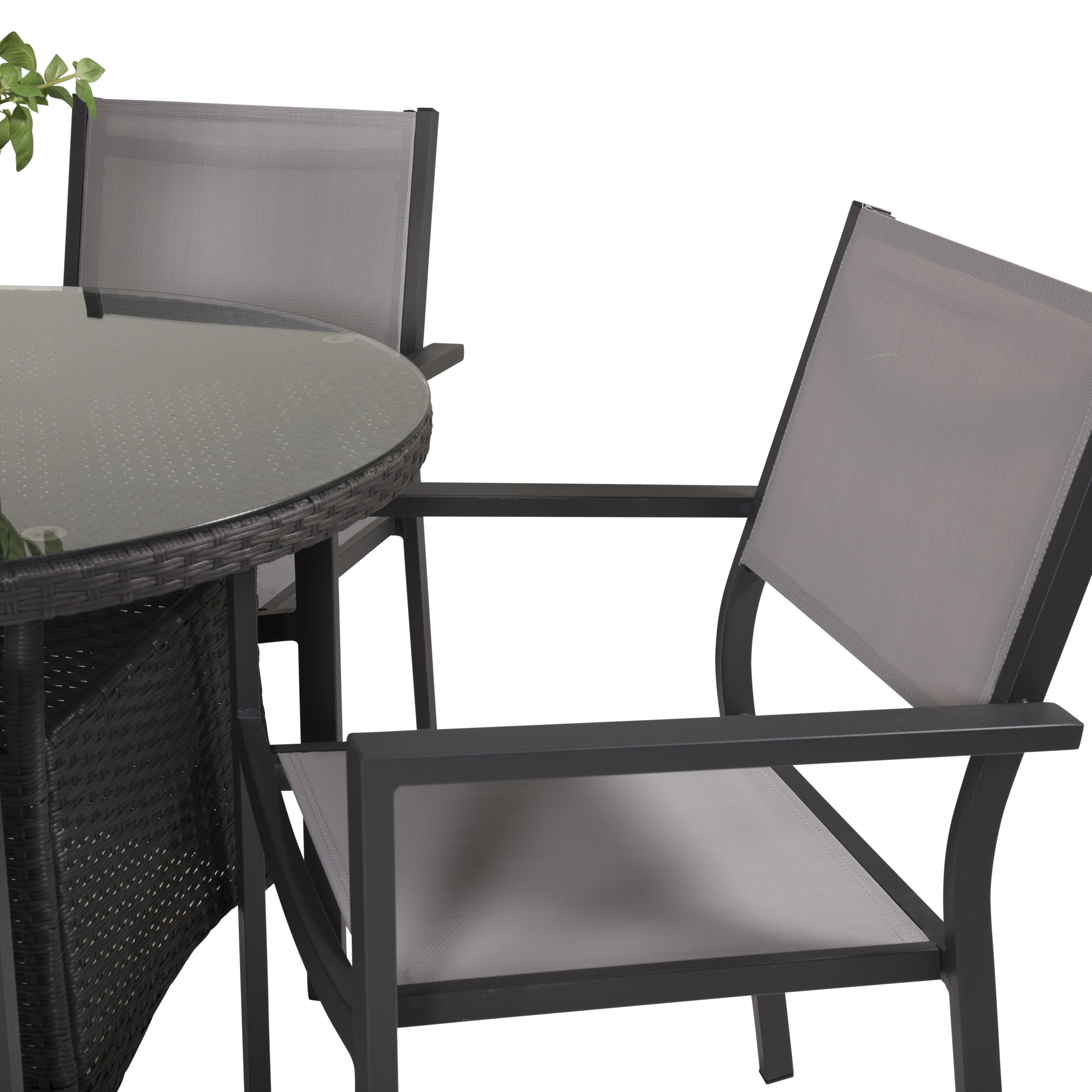 Volta bord-Svart-ø90+Copacabana stol-Svart Alu/Grå Textil4 Svart Bord, Grå Stol