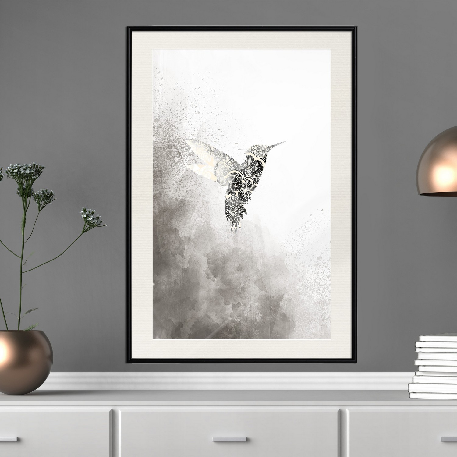 Affisch - Ethnic Hummingbird [Poster] 30x45 Svart ram med passepartout, 30x45 cm