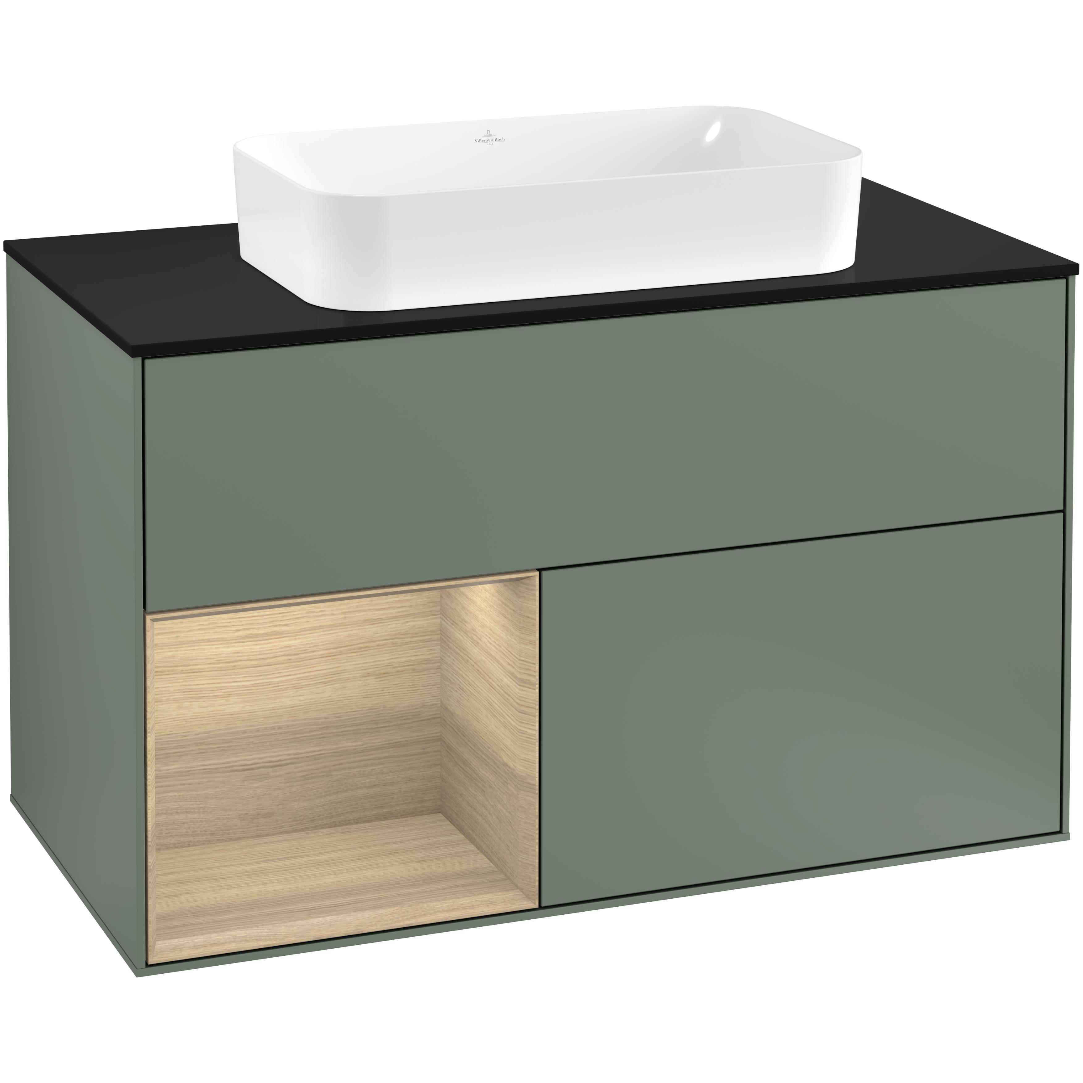 Tvättställsskåp Villeroy & Boch Finion F242PCGM Oliv Mattlack/Ekfanér med bänkskiva i Mattsvart glas, Lucka Vänster med Blandarhål