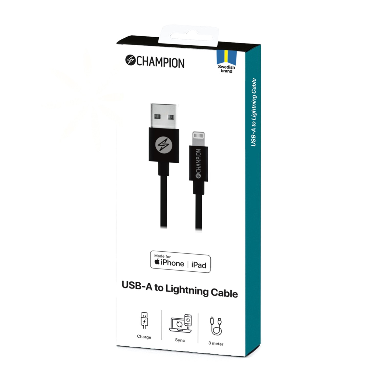 USB-A Champion till Lightning Kabel 3m Svart