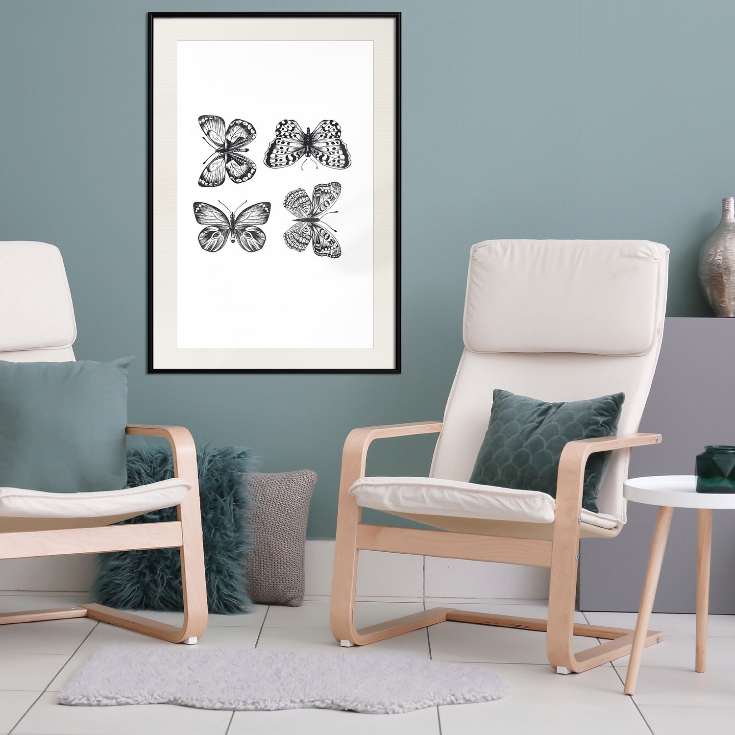 Affisch - Four Butterflies [Poster] 30x45 Svart ram med passepartout, 30x45 cm