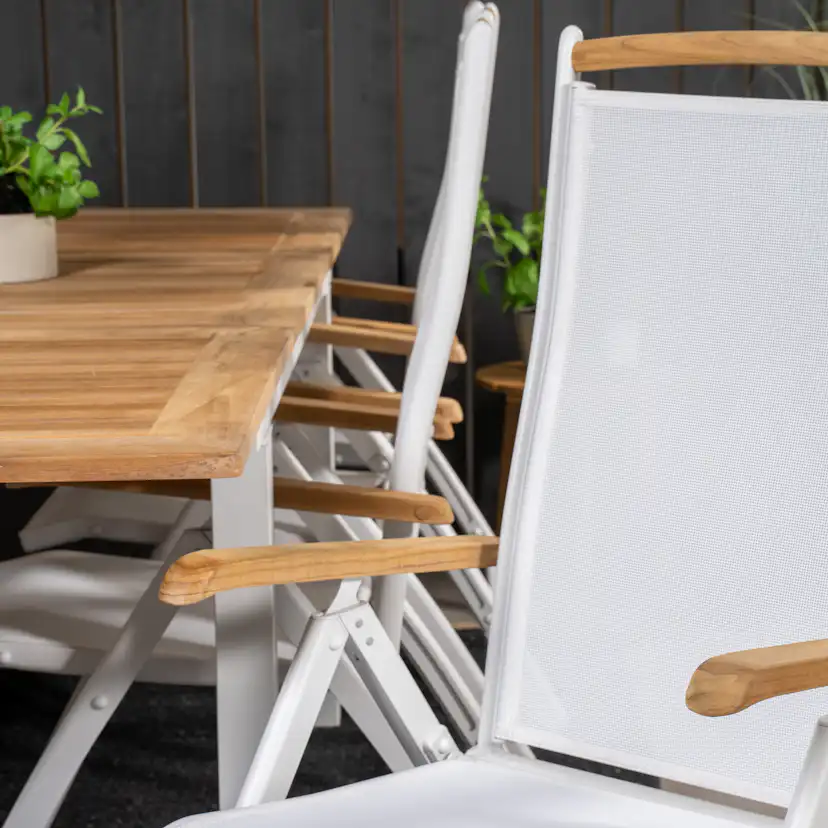 Panama Bord160/240*90-vit/Teak+Panama stol5:pos-vit/vitTeak8 Teak Bord med Vita Ben, Vit Stol