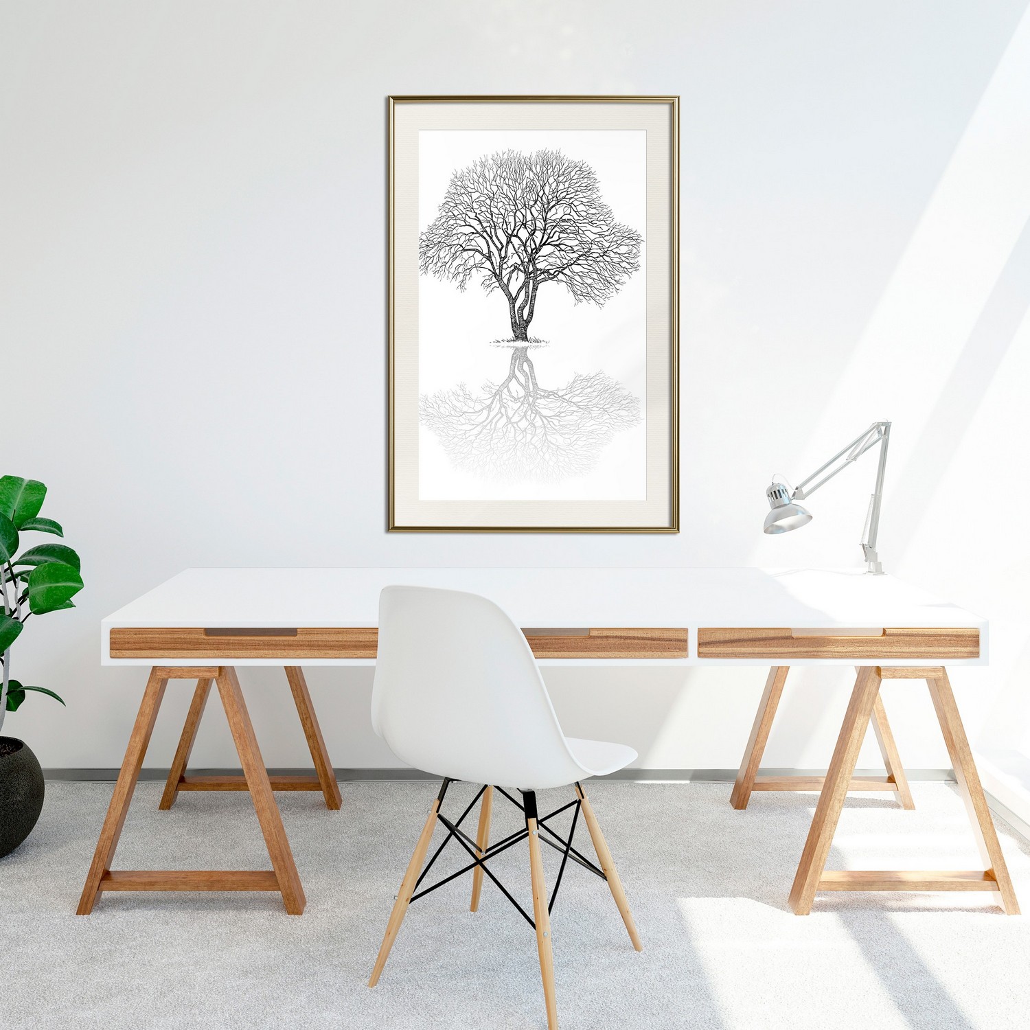 Affisch - Reflection Tree [Poster] 40x60 Guld ram med passepartout, 40x60 cm