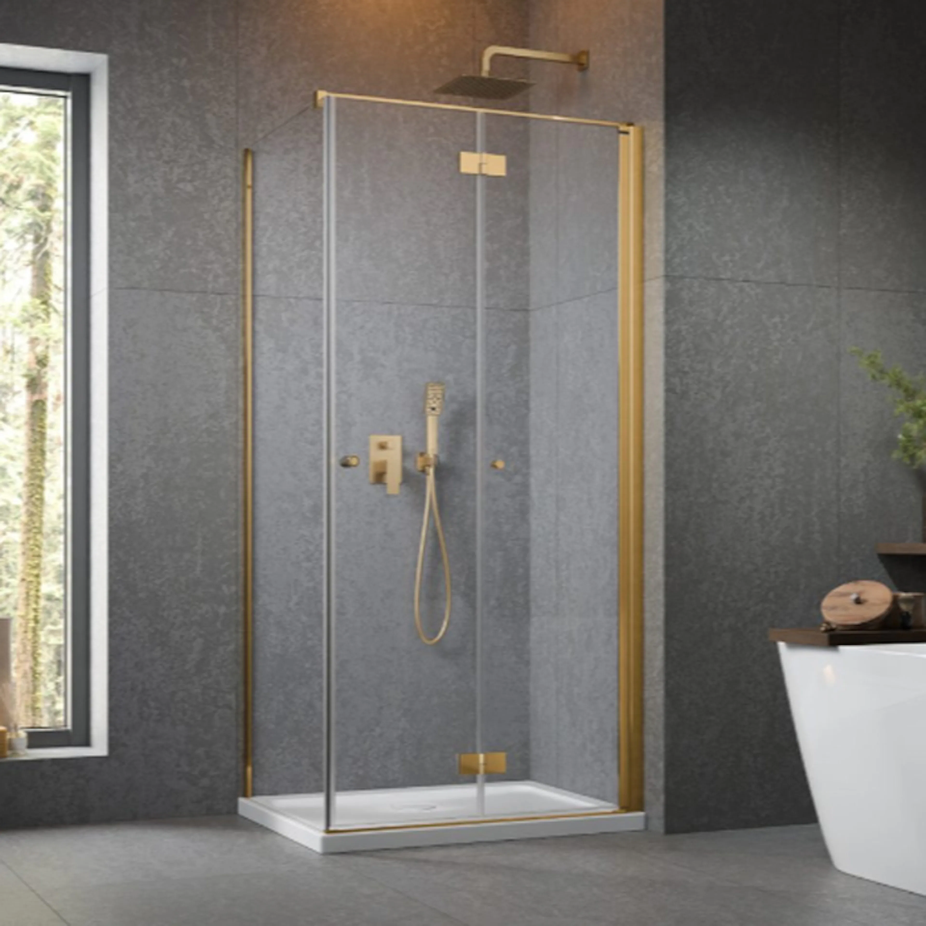 Noma 195 fast vägg med vikdörr, 800 mm höger 6 mm glas, mäss 780x780 mm, Polerad Mässing