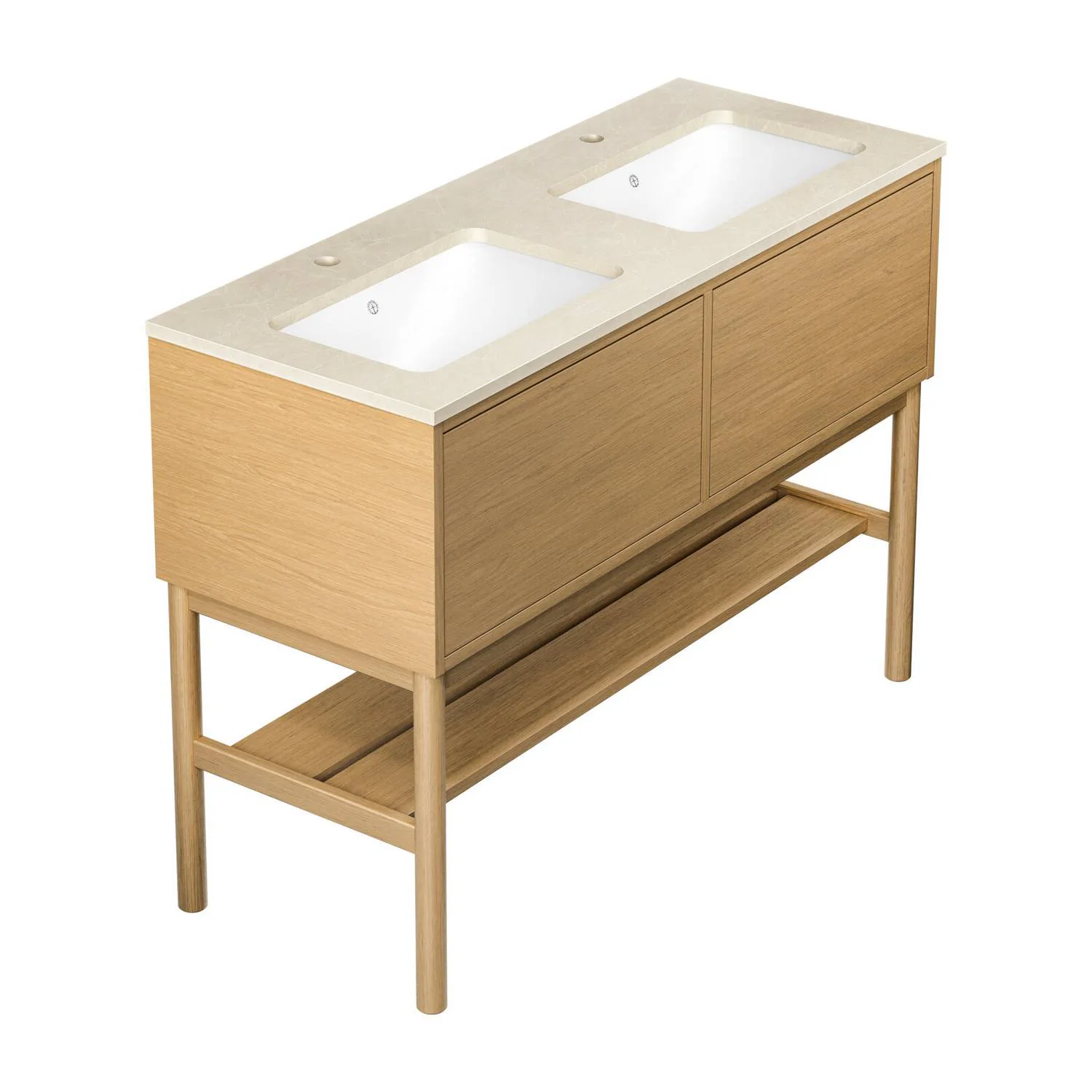 Kommod Ducentic Ljus ek - 120 cm. Stenbänkskiva med 2 hoar, Ljus Ek, Hål för 2 st Singelhålsblandare, Beige Royal