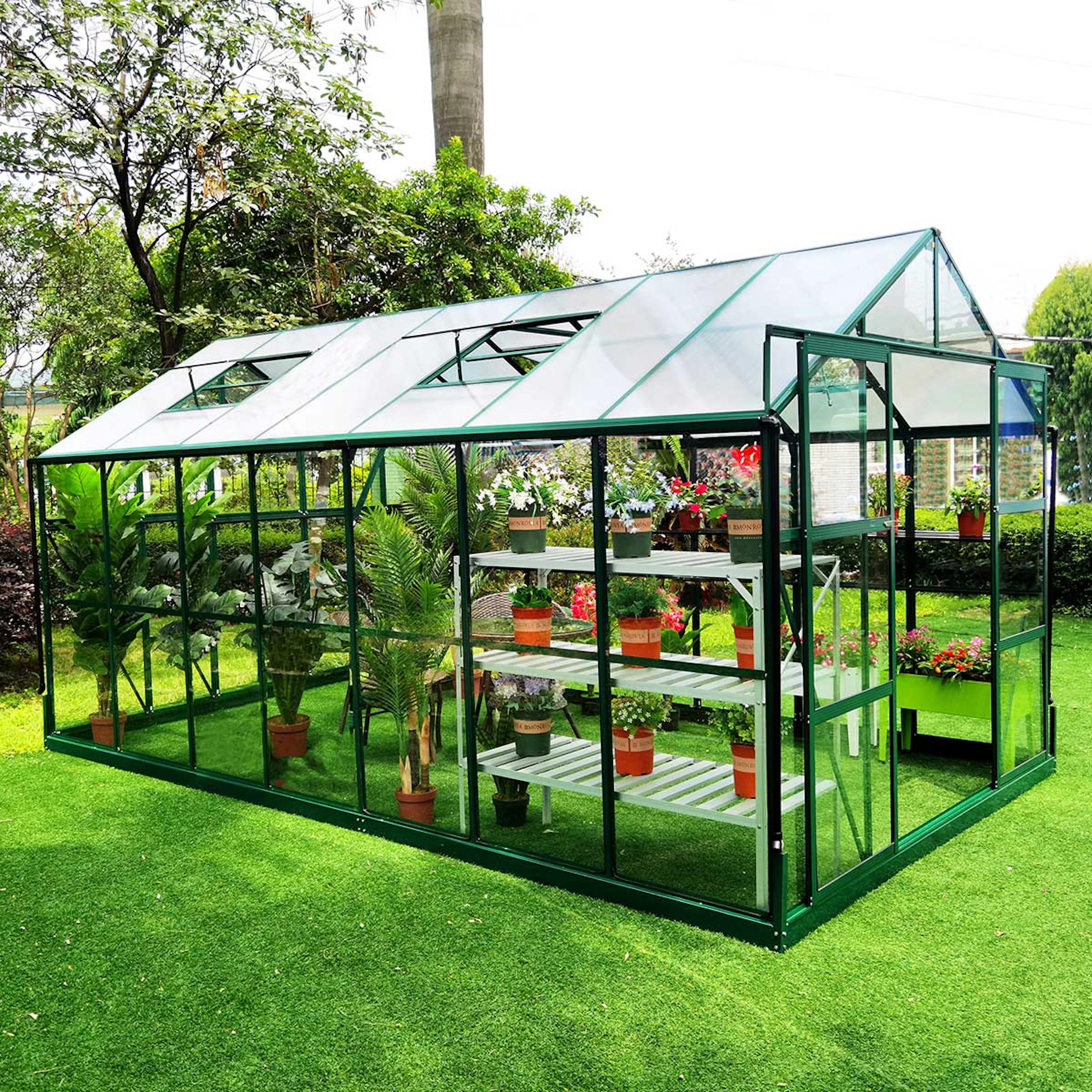 Växthus 11,13m2, glas, pc-tak(433X257X228CM),Grön Grön