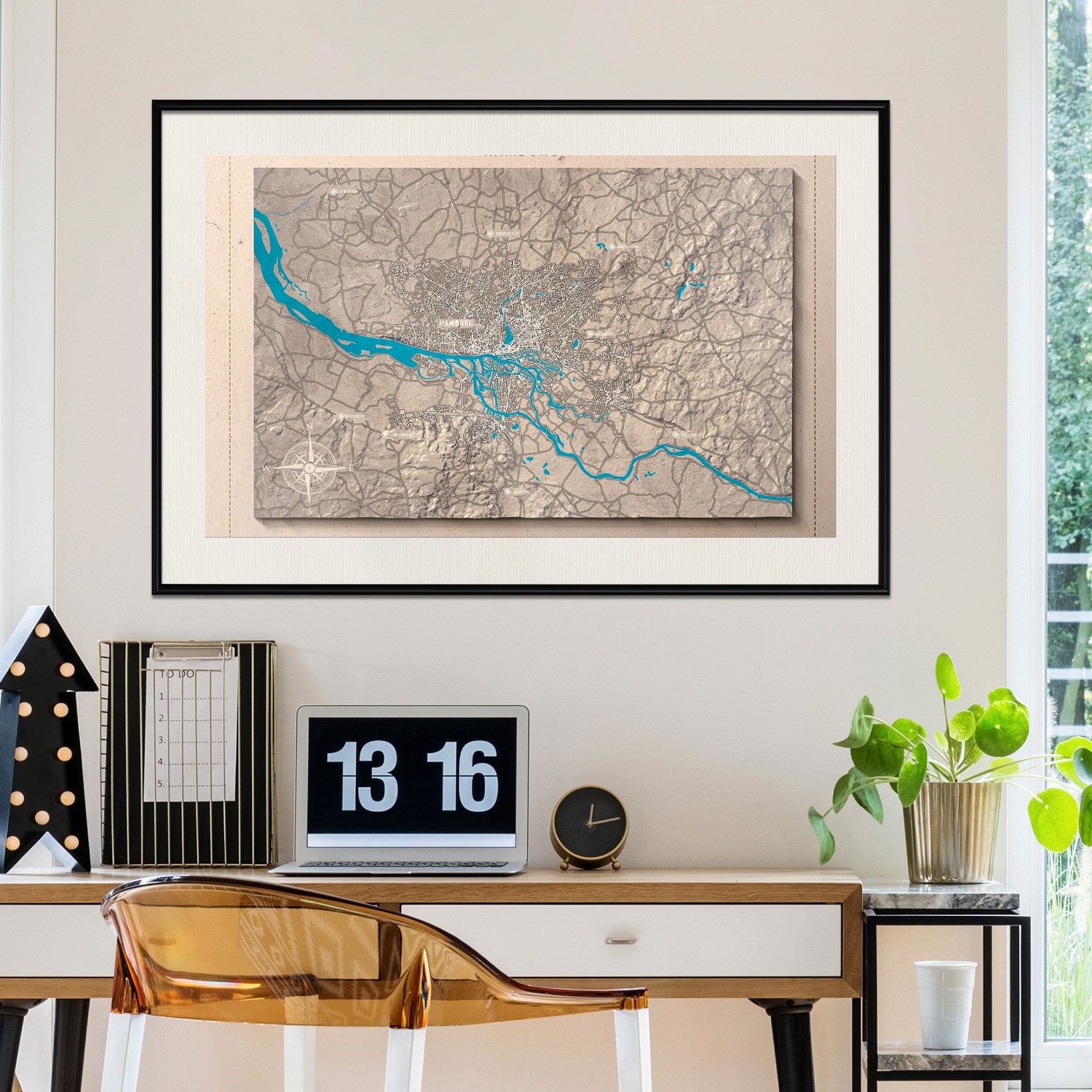 Affisch - Isometric Map: Hamburg [Poster] 30x20 Svart ram med passepartout, 30x20 cm