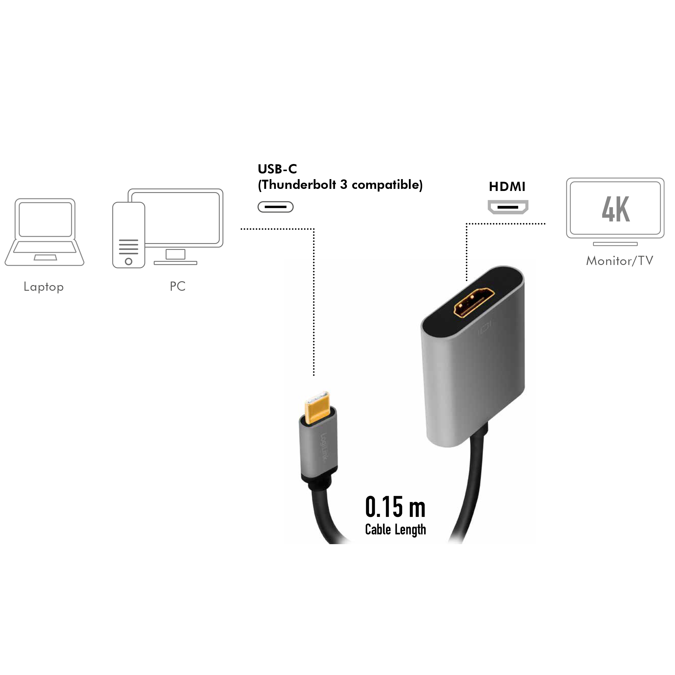 Adapter LogiLink USB-C till HDMI 4K/60Hz Aluminium 15 cm