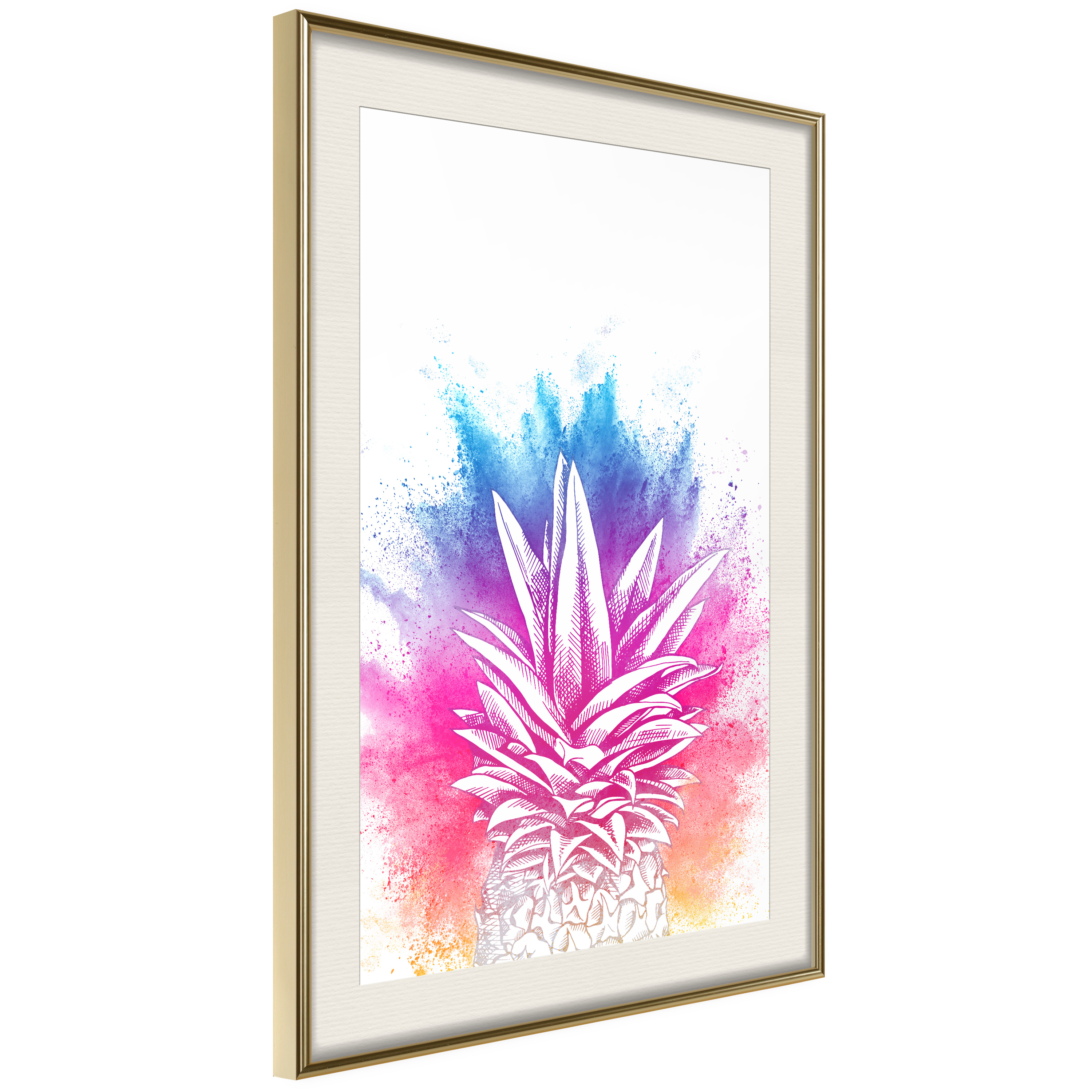 Affisch - Colourful Pineapple [Poster] 30x45 Guld ram med passepartout, 30x45 cm