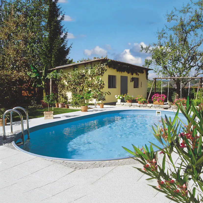 Stålväggspool Planet Pool Premium Inbyggd Oval 8x4,2 m inkl SF8 Stege och Tillbehör