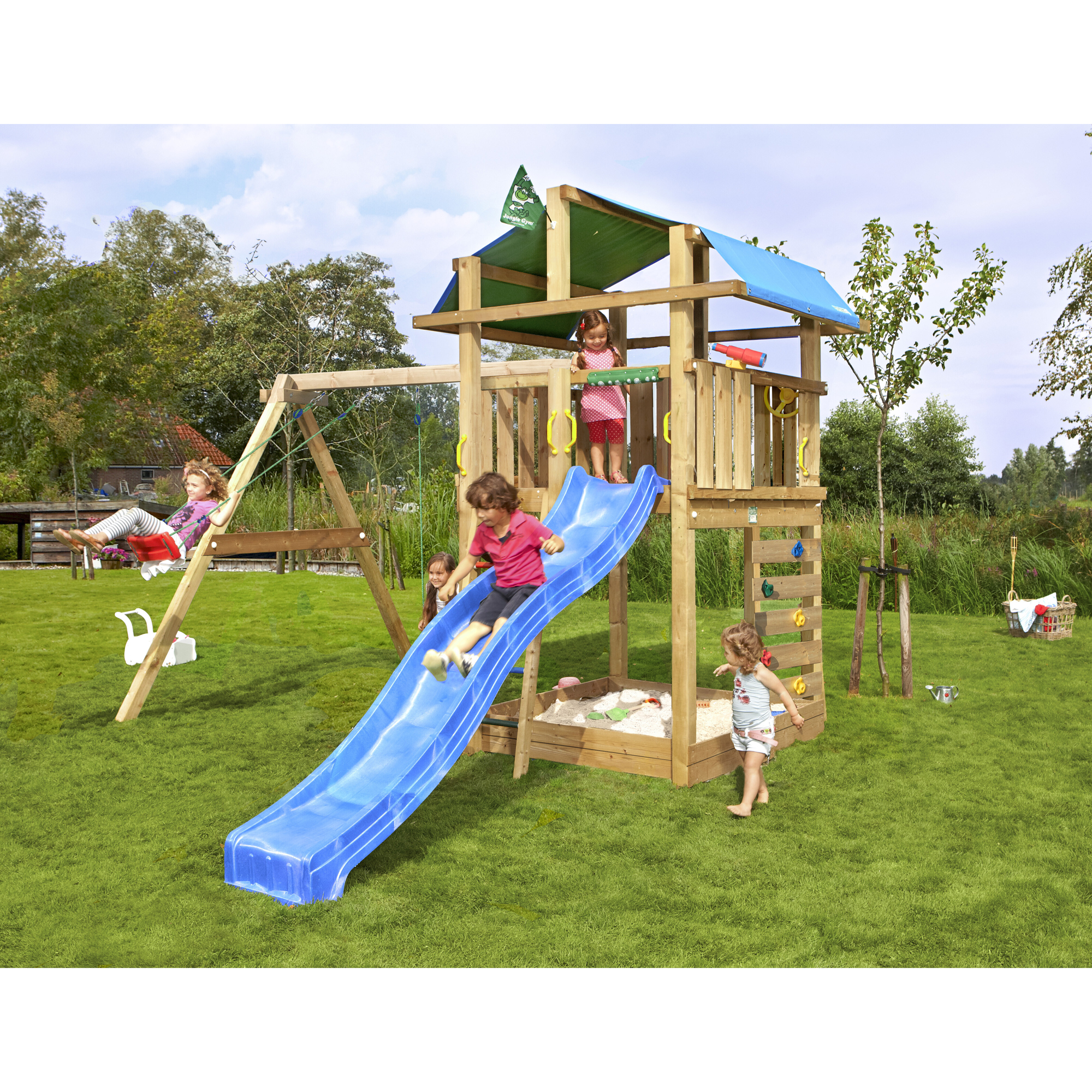 Lektorn Jungle Gym Fort 2.1 m/2 Swing Modul Med Blå Rutschkana