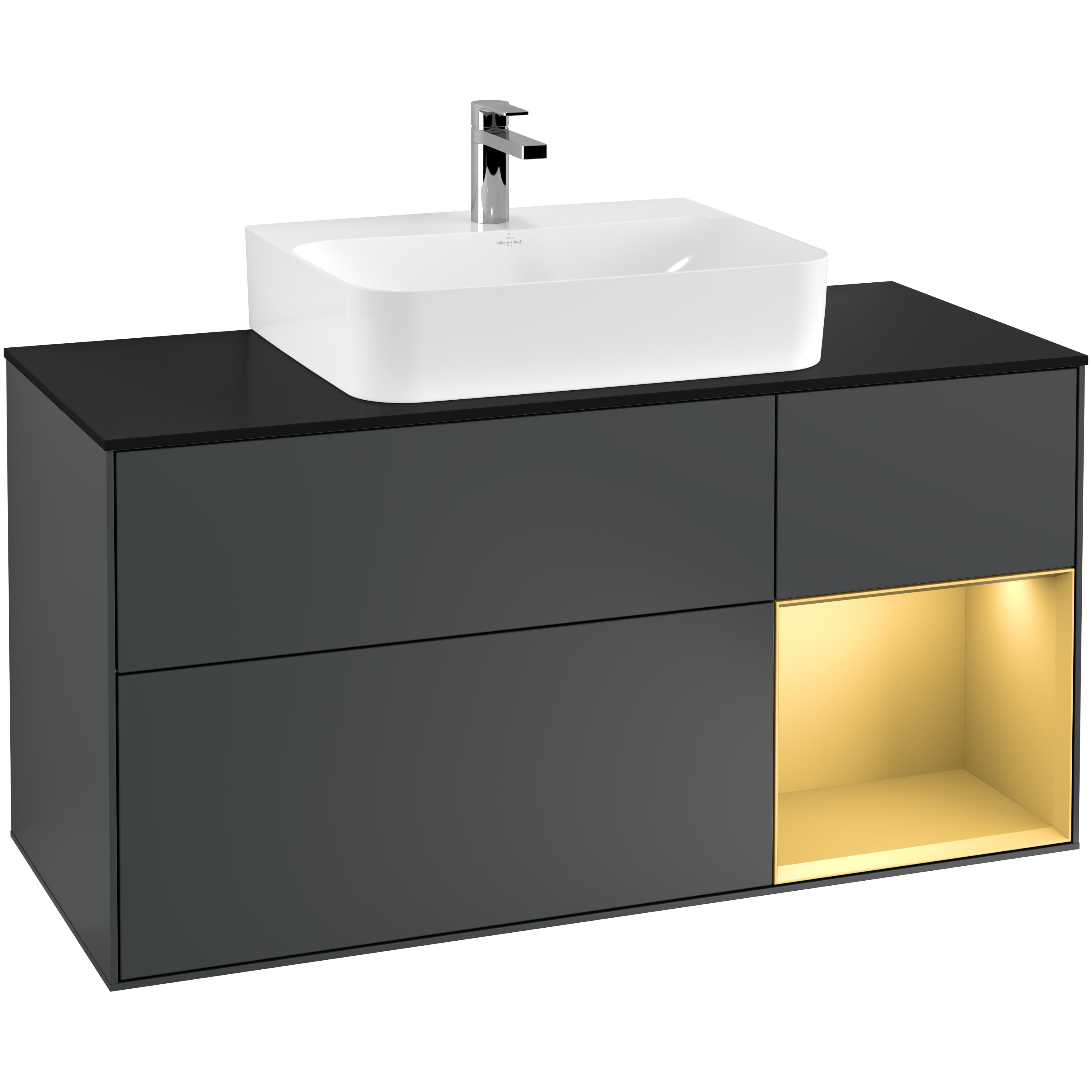 Tvättställsskåp Villeroy & Boch Finion G172HFHG Midnattsblå Mattlack/Guld Mattlack med bänkskiva i Mattsvart glas med Väggbelysning, Lucka Höger