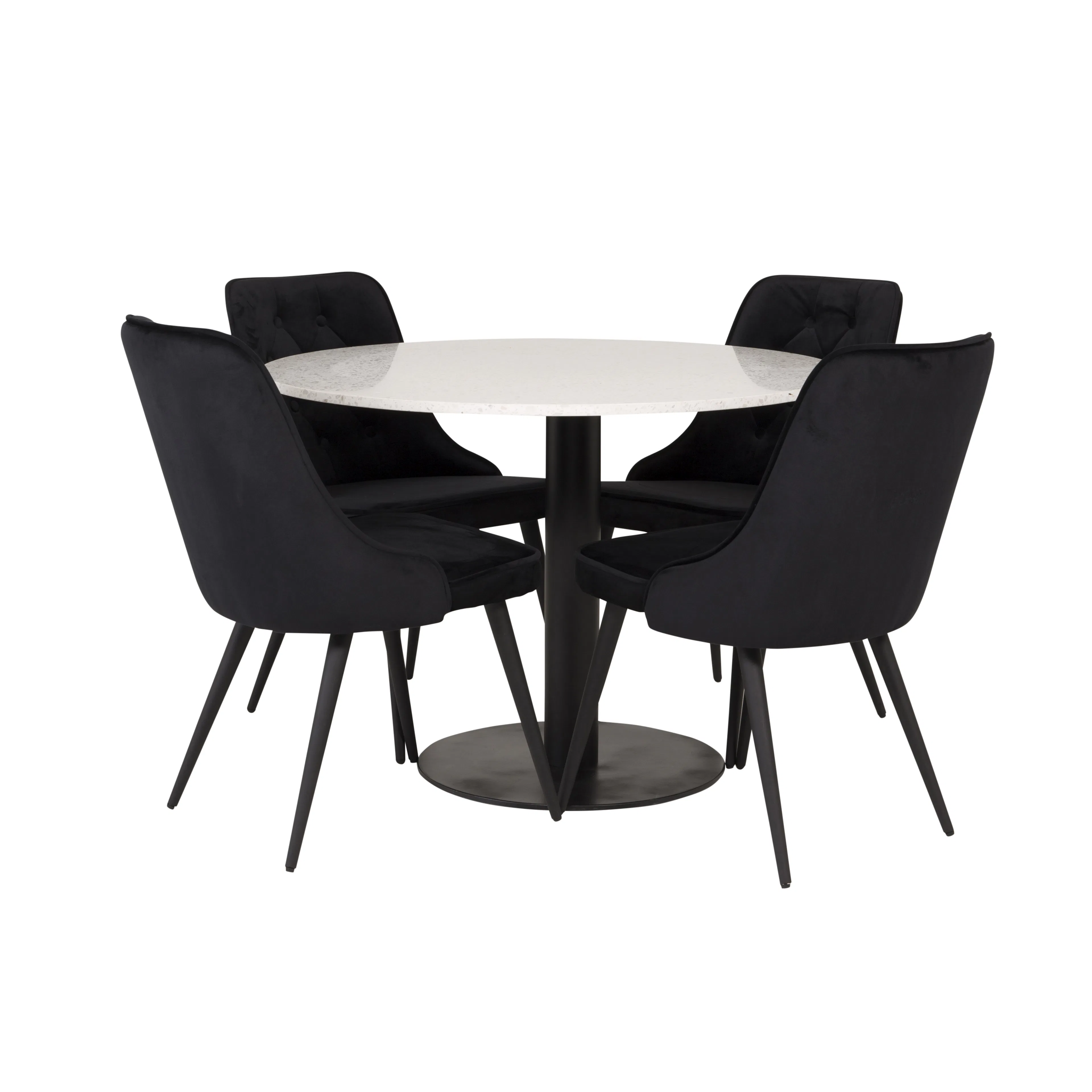 RazziaBord106cm-VitTerazzo/Black+DeluxeStol-Black/Black4 Vit Bord med Svarta Ben, Svart Stol med Svarta Ben
