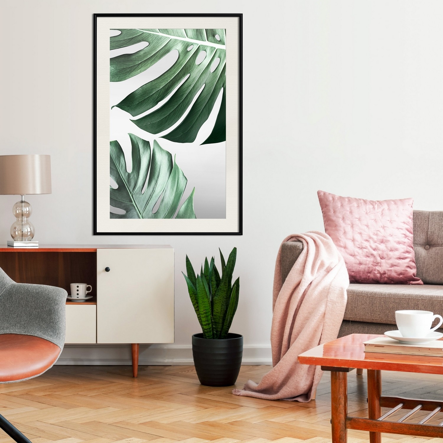 Affisch - Monstera Leaves [Poster] 20x30 Svart ram med passepartout, 20x30 cm
