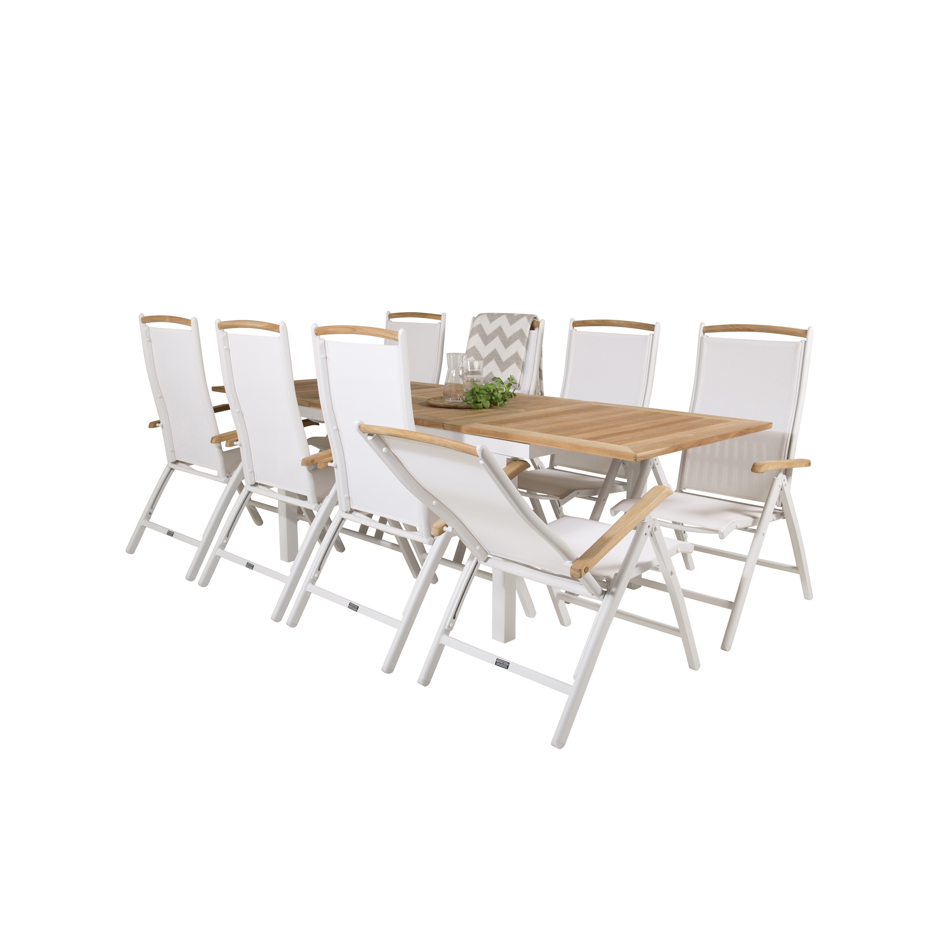 Panama Bord160/240*90-vit/Teak+Panama stol5:pos-vit/vitTeak8 Teak Bord med Vita Ben, Vit Stol