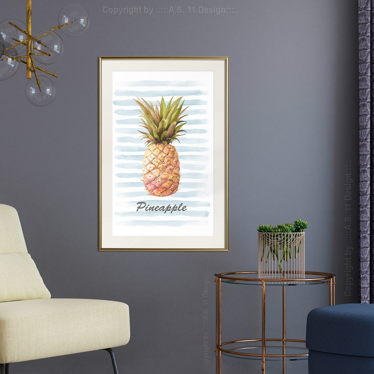 Affisch - Pineapple and Stripes [Poster] 30x45 Guld ram med passepartout, 30x45 cm