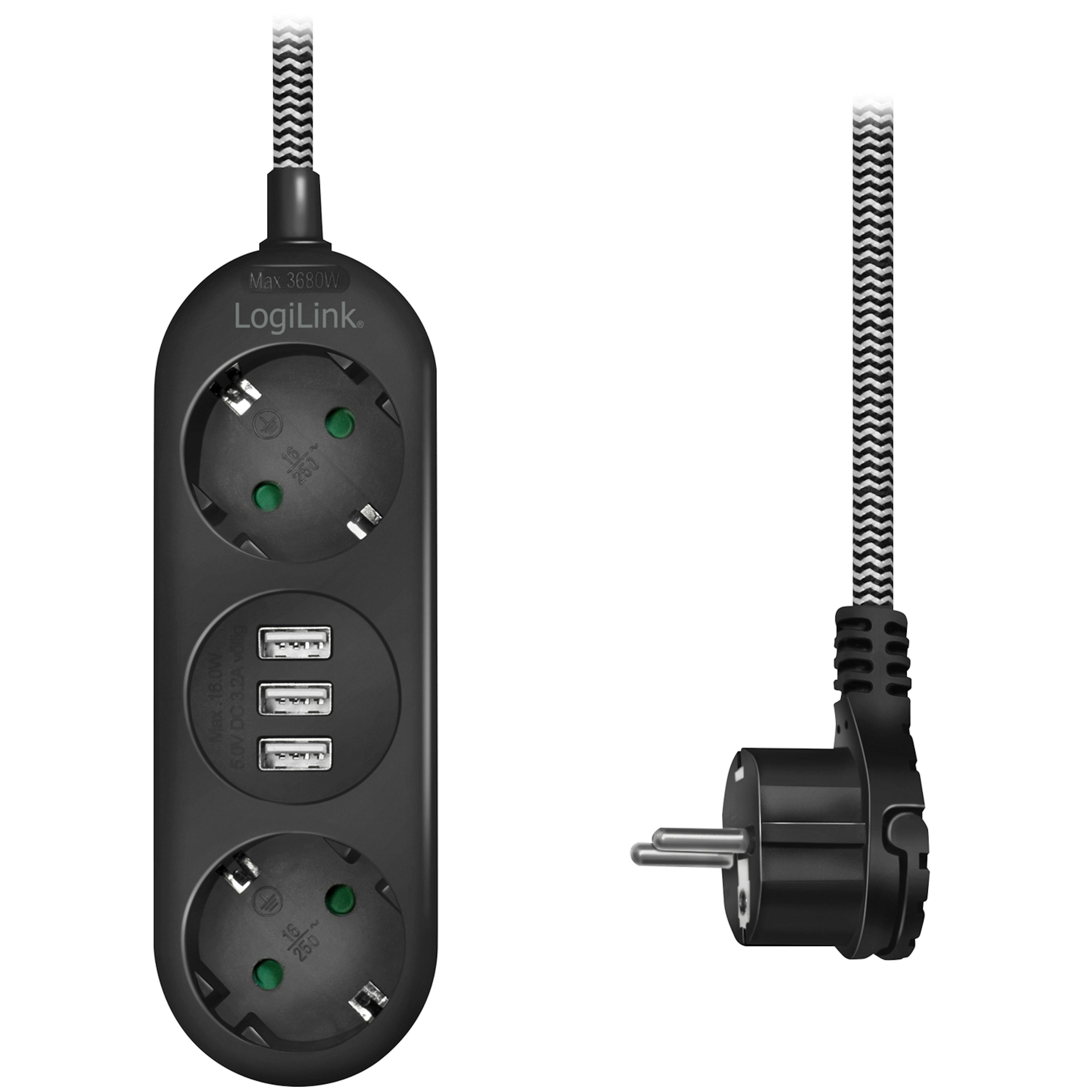 Grenuttag LogiLink Jordat 2-vägs 3xUSB Flat Plugg