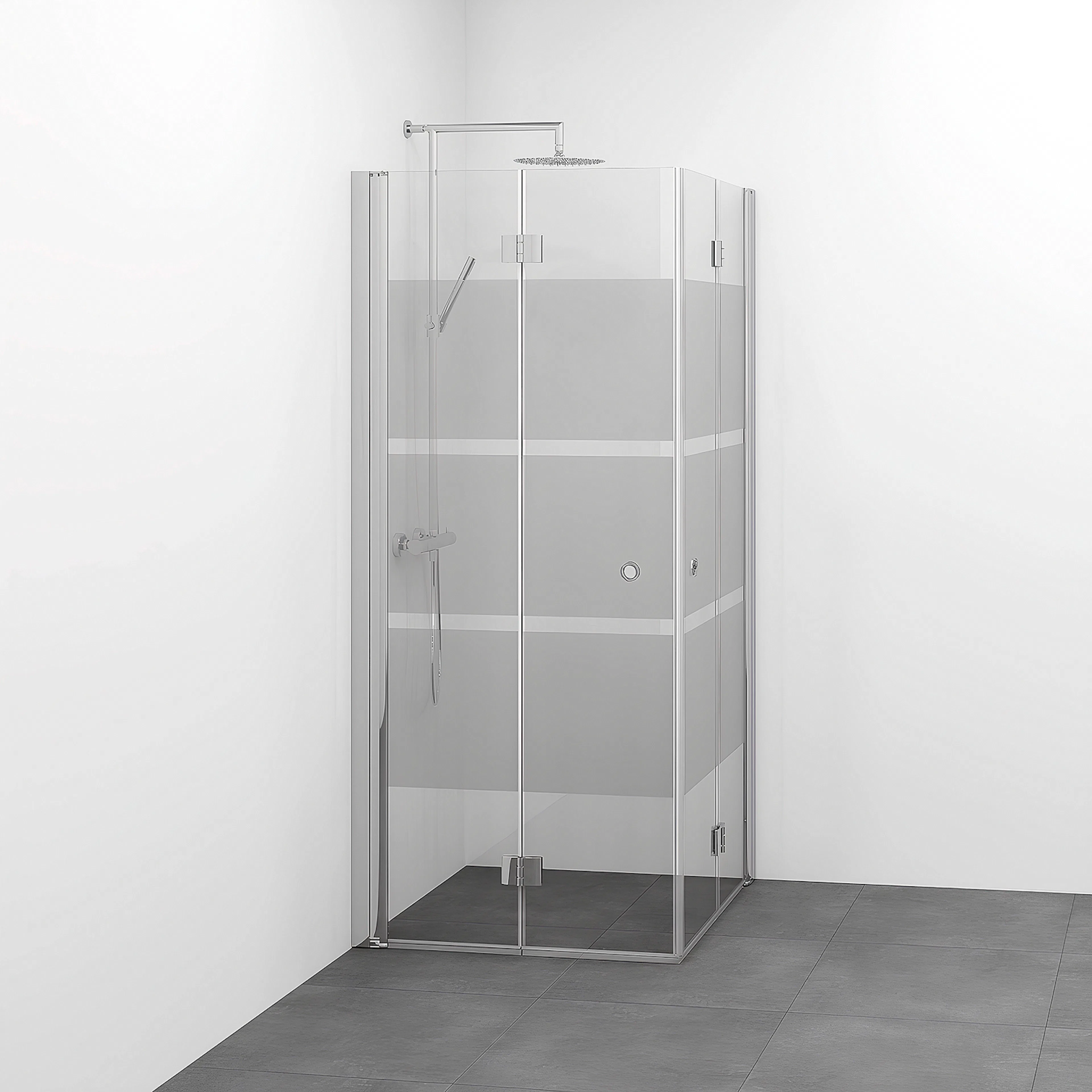 Spirit Vik Rak 10x10 Gr Bl Sc 1000x1000x1970 mm, Krom, Screentryckt glas med Hålgrepp
