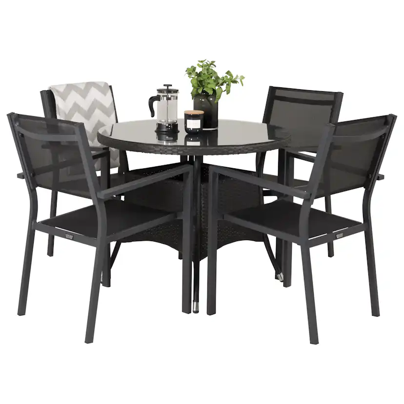 Volta bord-Svart-ø90+Copacabana stol-Svart Alu/Svart Textil4 Svart Bord, Svart Stol