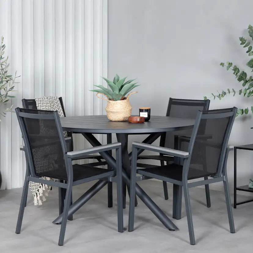Alma Dining Table - Black Alu - ø120cm+Parma Chair - Black/G Svart