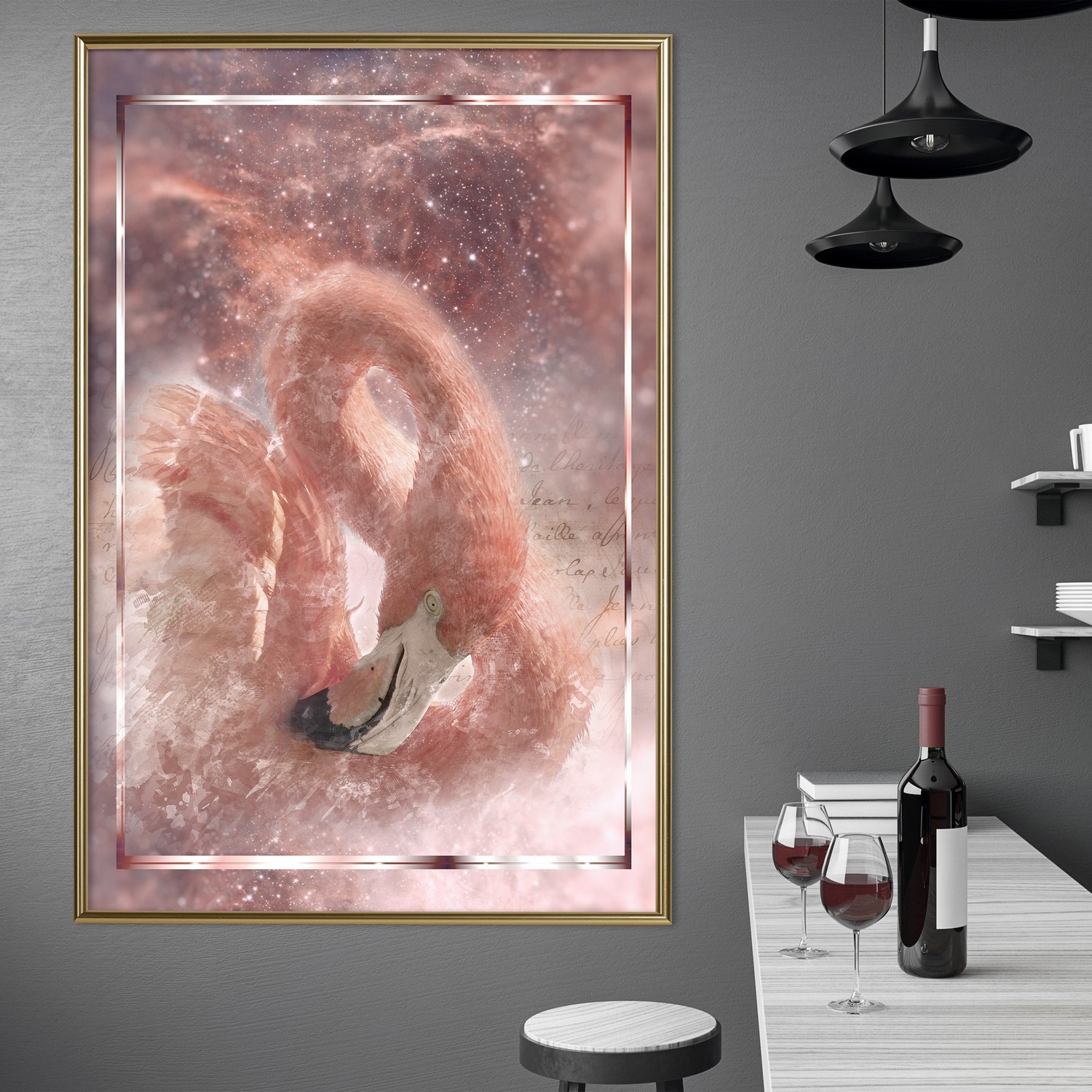 Affisch - Space Flamingo [Poster] 40x60 Guld ram, 40x60 cm