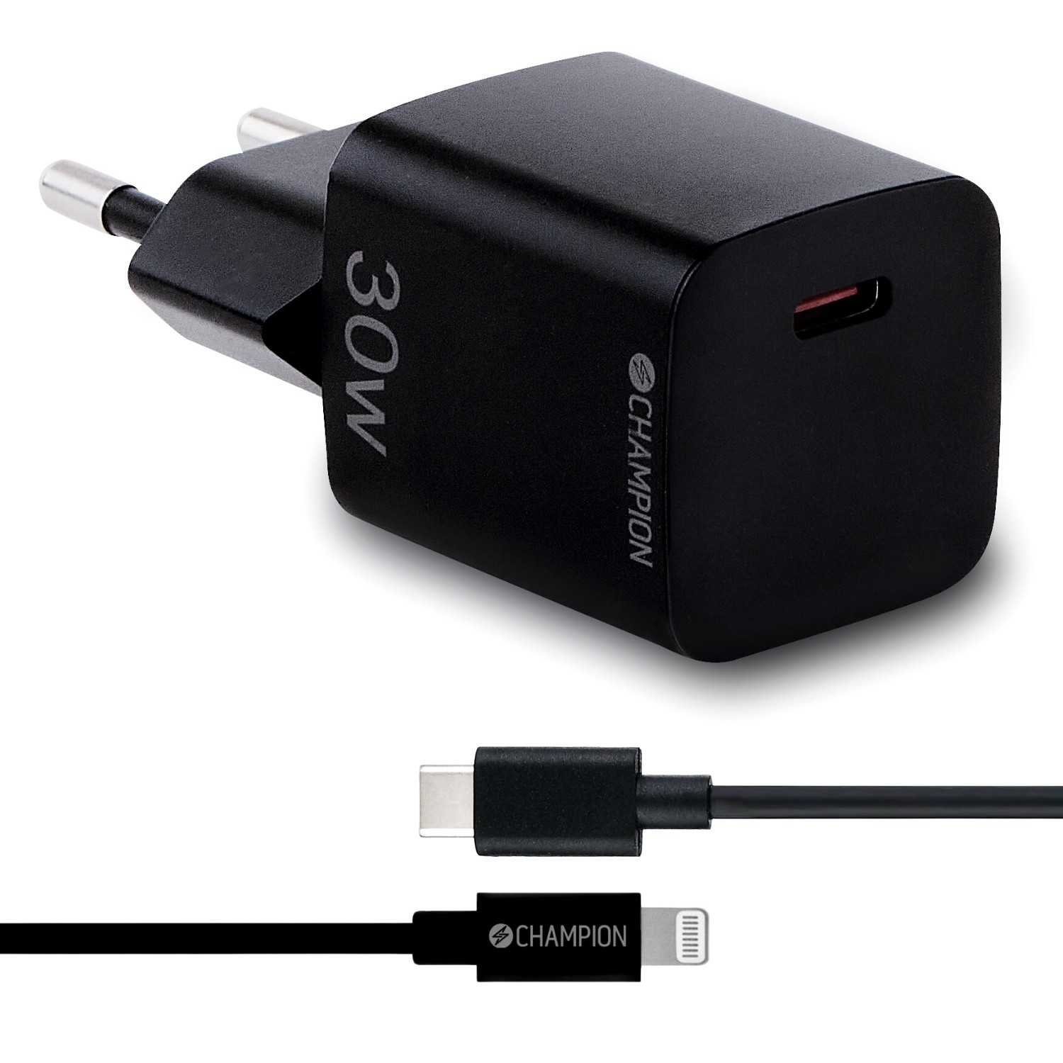 Laddare Champion 30W + USB-C till Lightning Kabel Svart