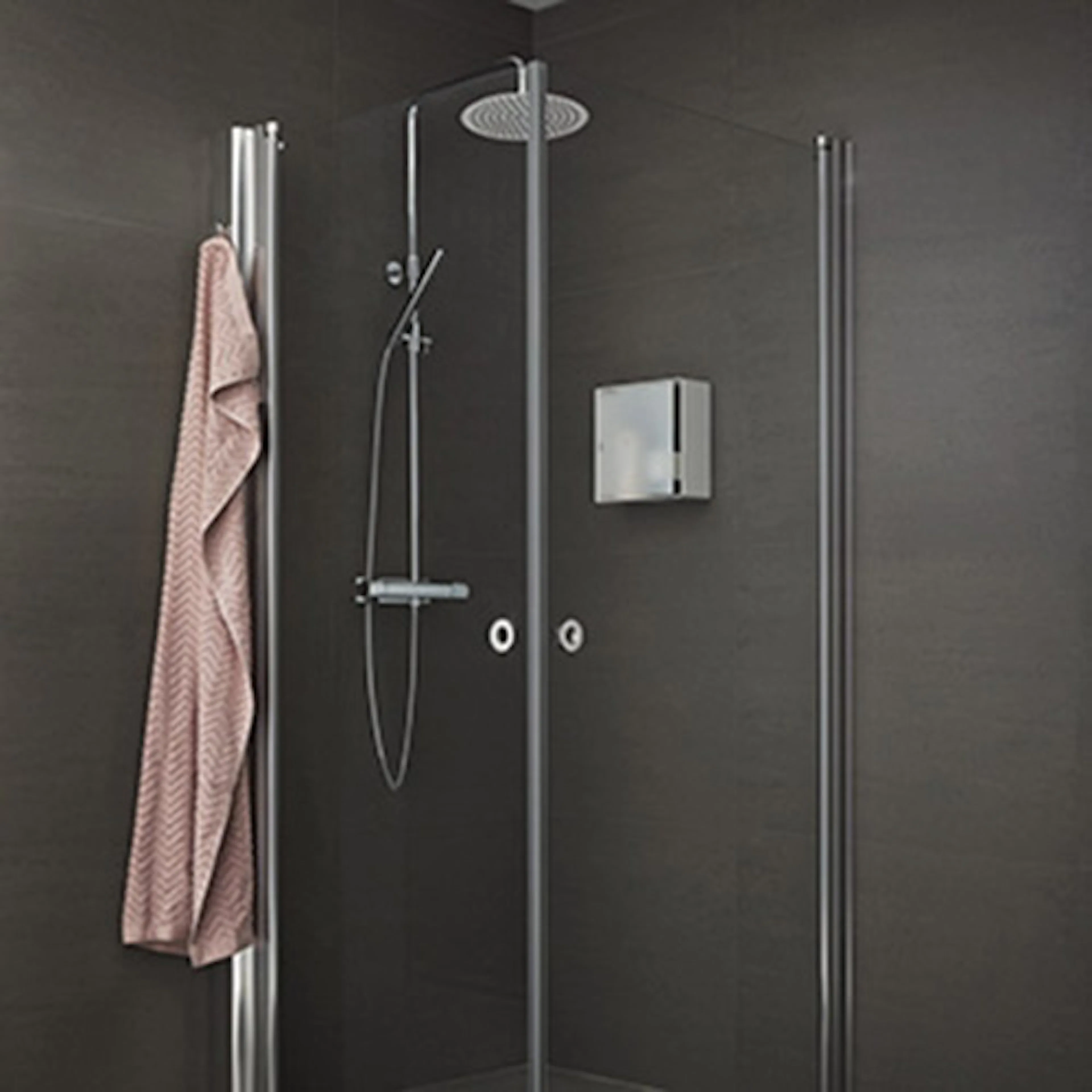 INR LINC Angel Grått glas Profil Blank 100x100 Grepp Cirkel 1000x1000 mm, Tonat Glas, Blank Aluminium