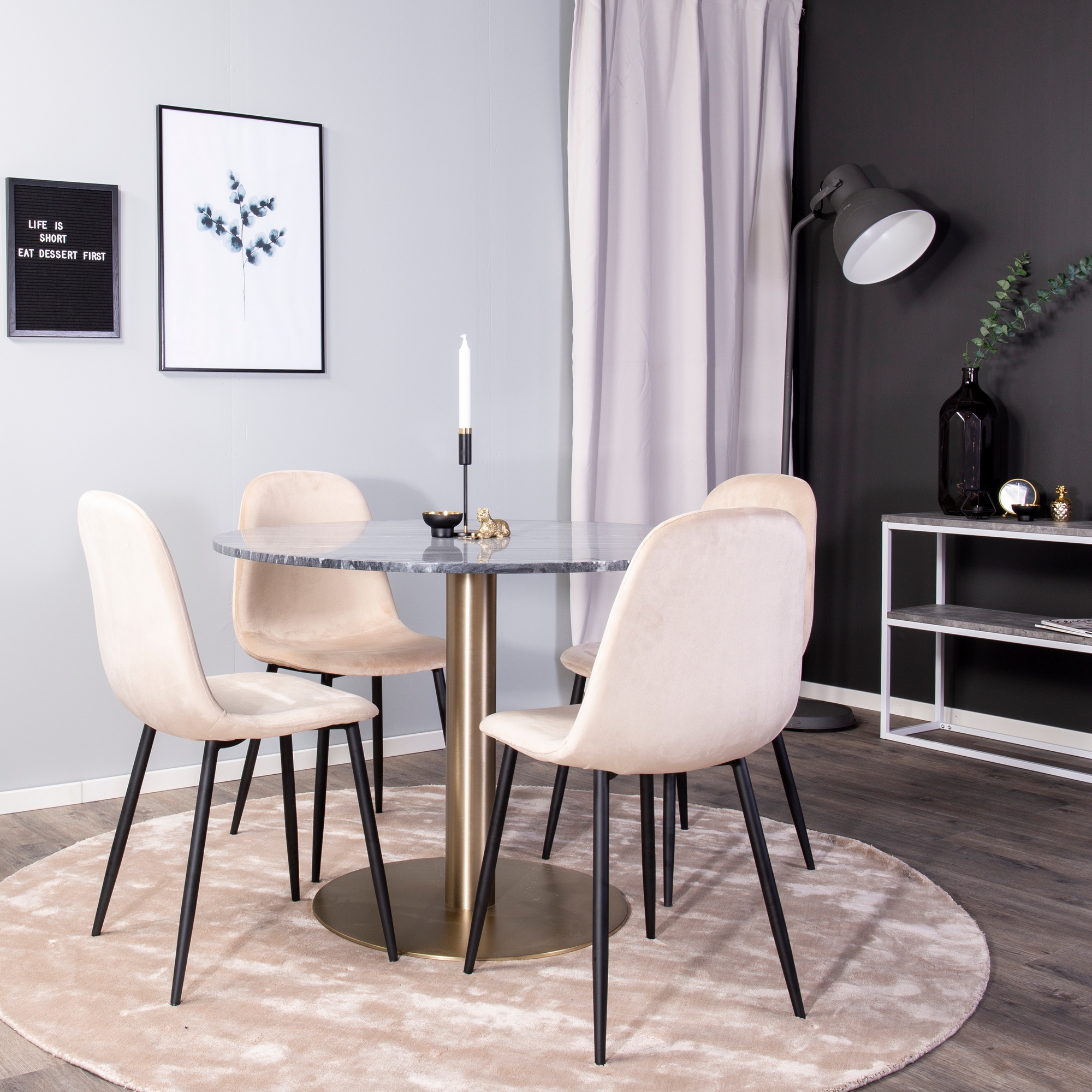 Matgrupp Venture Home Estelle Rund med 4 Pobbie Stolar Sammet