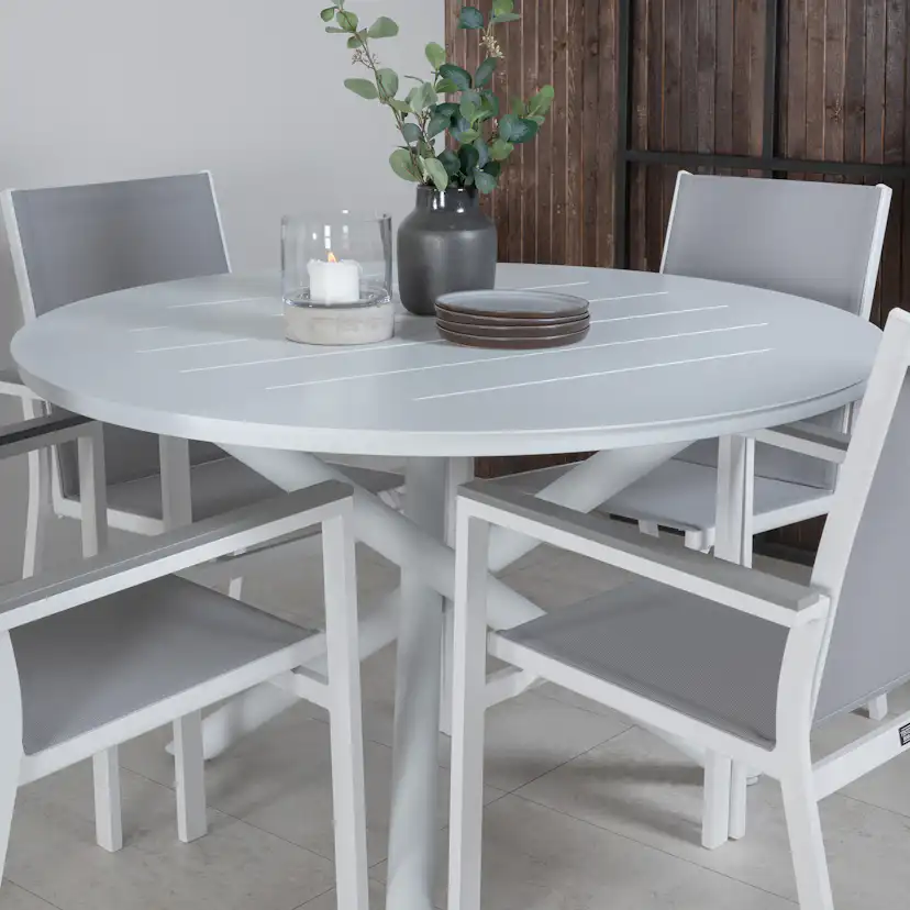 Alma Dining Table - White Alu - ø120cm+Parma Chair - White/G Vit