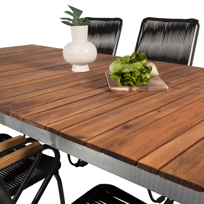 Zenia Bord200*100-Acacia/Zink+Bois stol-svartt rep/Acacia6 Akacia Bord med Zinkbehandlad Stomme, Svart Stol med Svart Stomme