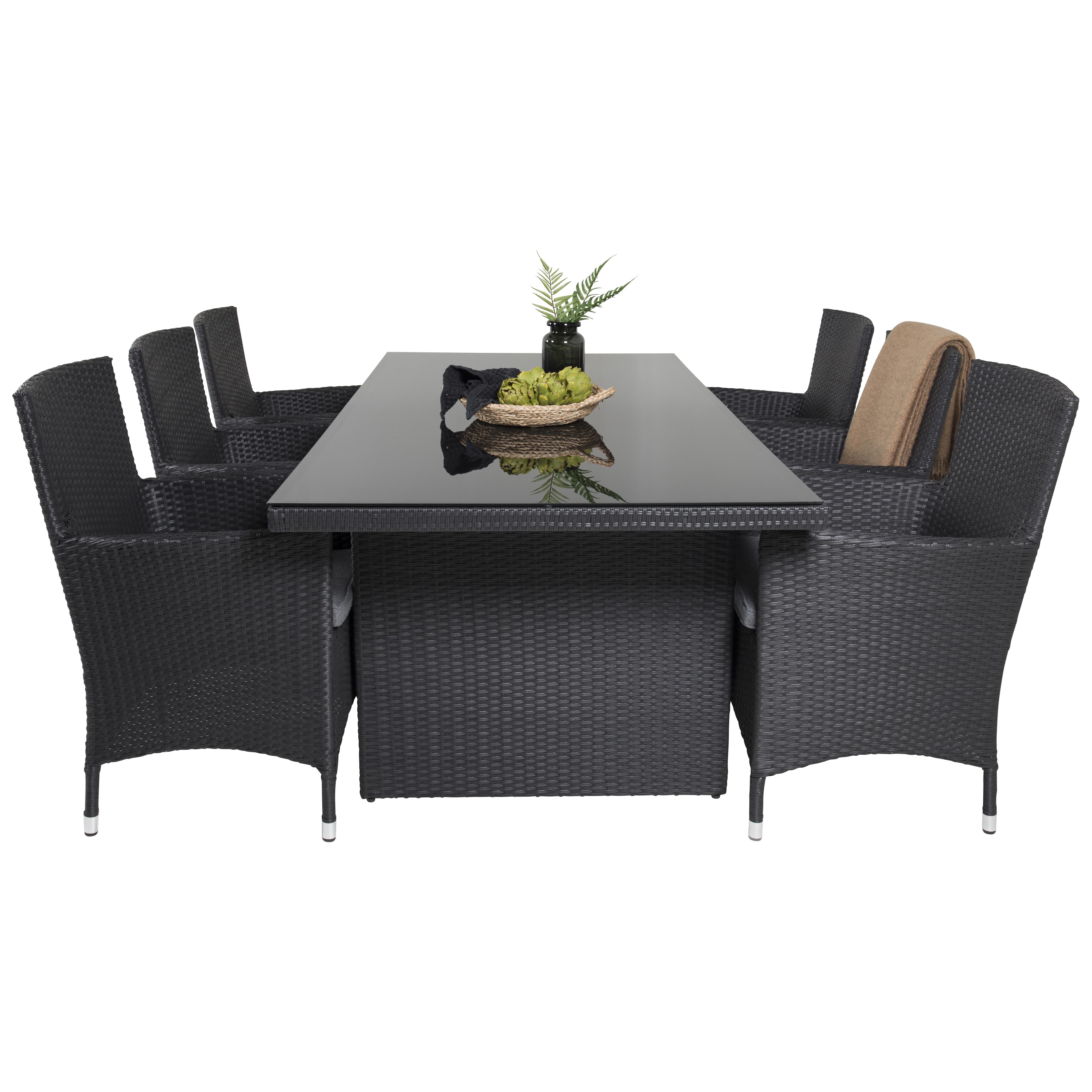Padova Bord 200*100-Svart+Malinstol med dyba-Svart/Grå dyba6 Svart Bord, Svart Stol med Grå Dyna