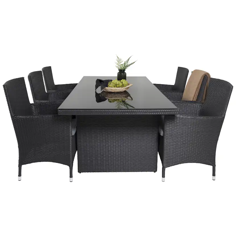 Padova Bord 200*100-Svart+Malinstol med dyba-Svart/Grå dyba6 Svart Bord, Svart Stol med Grå Dyna