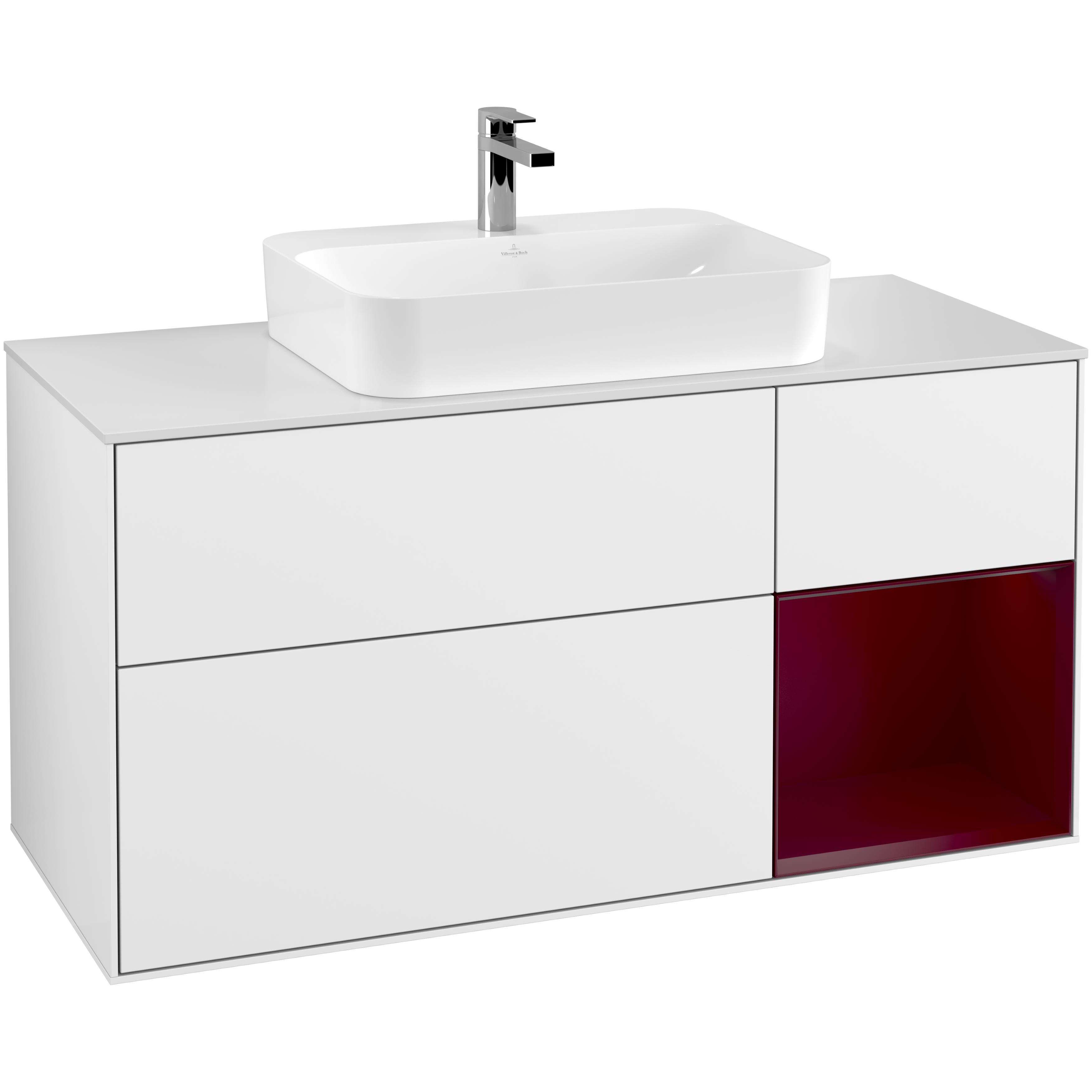 Tvättställsskåp Villeroy & Boch Finion G421HBGF Vit Högblank/Pion Mattlack med bänkskiva i Mattvitt glas med Väggbelysning, Lucka Höger