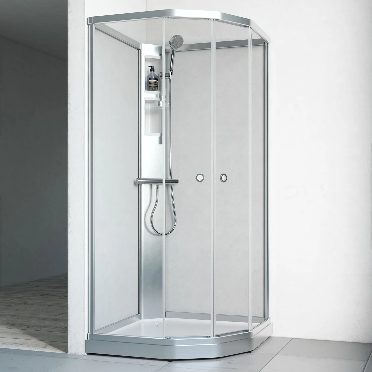 Flow kab Semi InkBl 7x9 N KL 710x910x2020 mm, Matt aluminium Profil, Klarglas